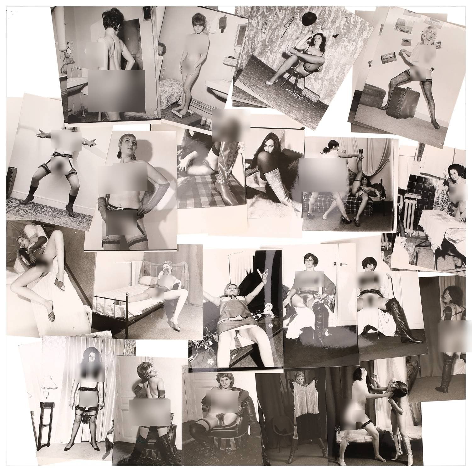 Erotica, étude de nu, photographies érotiques et divers. Circa 1950-60’s. Ensemble d’une trentaine de tirages argentiques. Exemples de sujets : femmes nues, dénudées, sexe féminin, fessier, poitrine, ‘Scandinaves’, etc. Sur certains versos, annotations. Divers états (dont gondolements, plis et traces) et formats entiers moyens environ 24 x 18 cm.