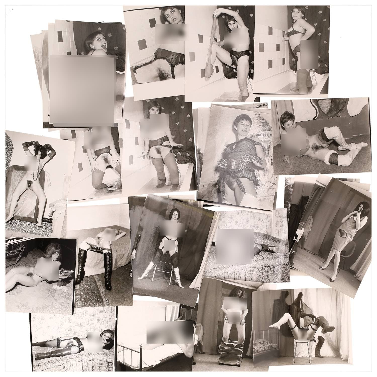 Erotica, étude de nu, photographies érotiques et divers. Circa 1950-60’s. Ensemble d’une trentaine de tirages argentiques. Exemples de sujets : femmes nues, dénudées, sexe féminin, fessier, poitrine, ‘Scandinaves’, etc. Sur certains versos, annotations. Divers états (dont gondolements, plis et traces) et formats entiers moyens environ 24 x 18 cm.