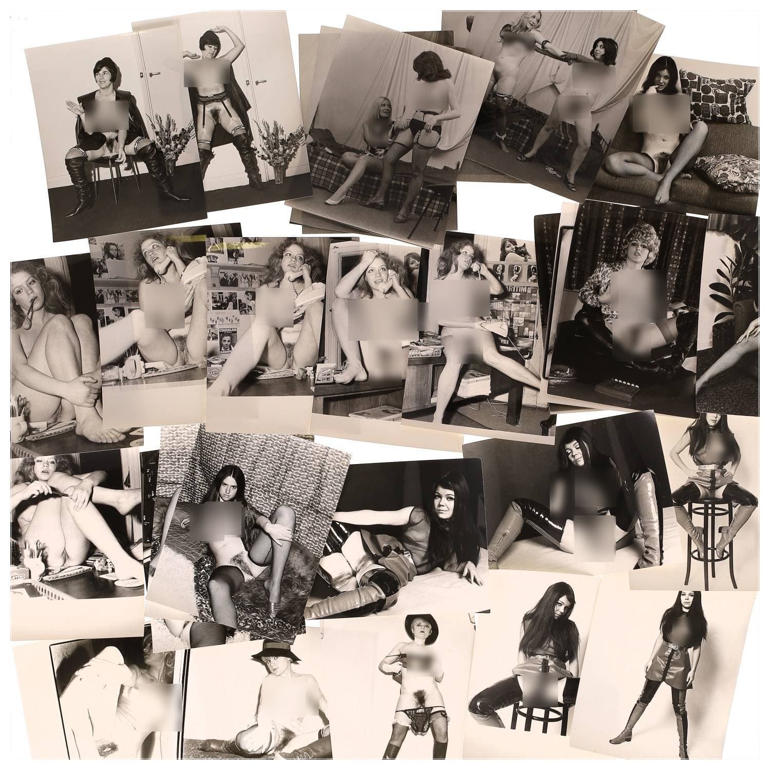 Erotica, étude de nu, photographies érotiques et divers. Circa 1950-60’s. Ensemble d’une trentaine de tirages argentiques. Exemples de sujets : femmes nues, dénudées, sexe féminin, fessier, poitrine, ‘Scandinaves’, etc. Sur certains versos, annotations. Divers états (dont gondolements, plis et traces) et formats entiers moyens environ 24 x 18 cm.