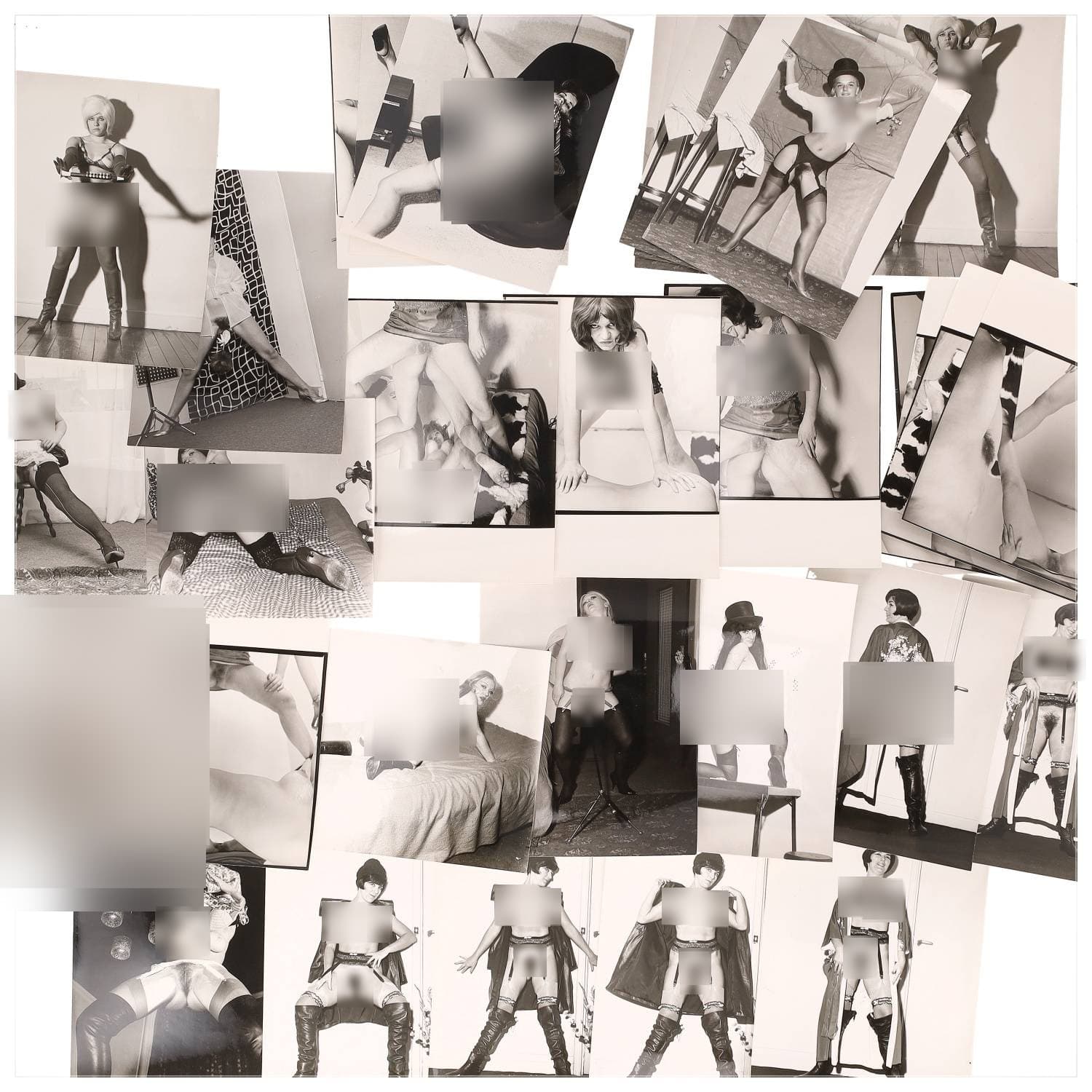 Erotica, étude de nu, photographies érotiques et divers. Circa 1950-60’s. Ensemble d’une trentaine de tirages argentiques. Exemples de sujets : femmes nues, dénudées, sexe féminin, fessier, poitrine, ‘Scandinaves’, etc. Sur certains versos, annotations. Divers états (dont gondolements, plis et traces) et formats entiers moyens environ 24 x 18 cm.