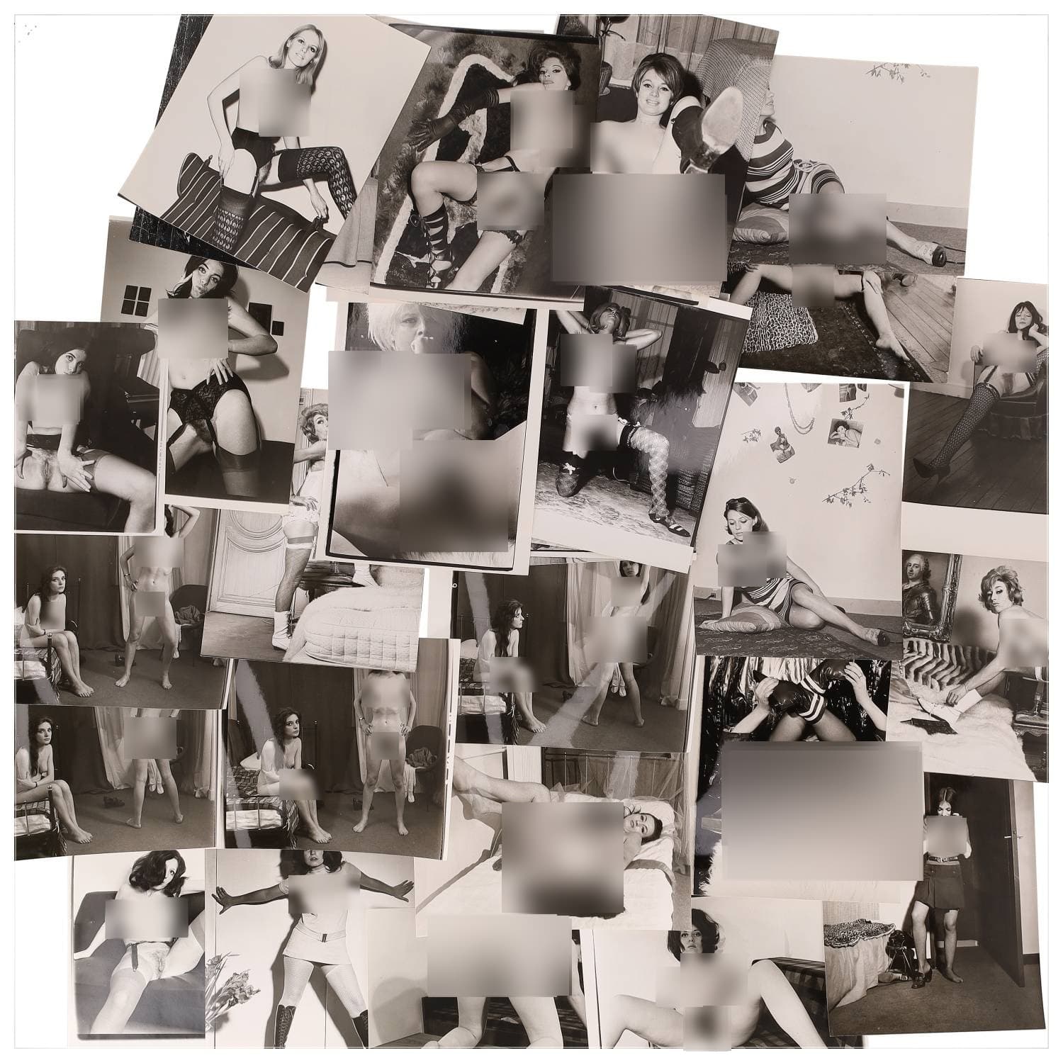 Erotica, étude de nu, photographies érotiques et divers. Circa 1950-60’s. Ensemble d’une trentaine de tirages argentiques. Exemples de sujets : femmes nues, dénudées, sexe féminin, fessier, poitrine, ‘Scandinaves’, etc. Sur certains versos, annotations. Divers états (dont gondolements, plis et traces) et formats entiers moyens environ 24 x 18 cm.