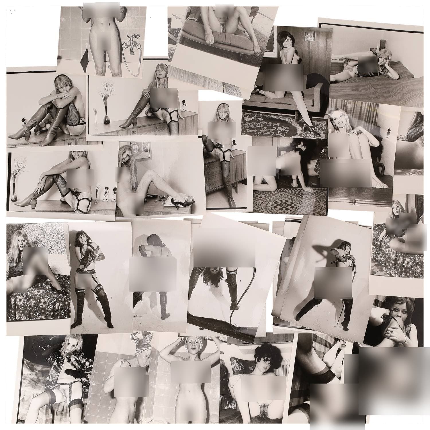 Erotica, étude de nu, photographies érotiques et divers. Circa 1950-60’s. Ensemble d’une trentaine de tirages argentiques. Exemples de sujets : femmes nues, dénudées, sexe féminin, fessier, poitrine, ‘Scandinaves’, etc. Sur certains versos, annotations. Divers états (dont gondolements, plis et traces) et formats entiers moyens environ 24 x 18 cm.