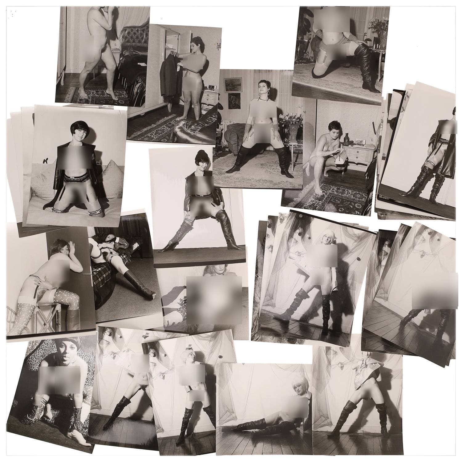 Erotica, étude de nu, photographies érotiques et divers. Circa 1950-60’s. Ensemble d’une trentaine de tirages argentiques. Exemples de sujets : femmes nues, dénudées, sexe féminin, fessier, poitrine, ‘Scandinaves’, etc. Sur certains versos, annotations. Divers états (dont gondolements, plis et traces) et formats entiers moyens environ 24 x 18 cm.