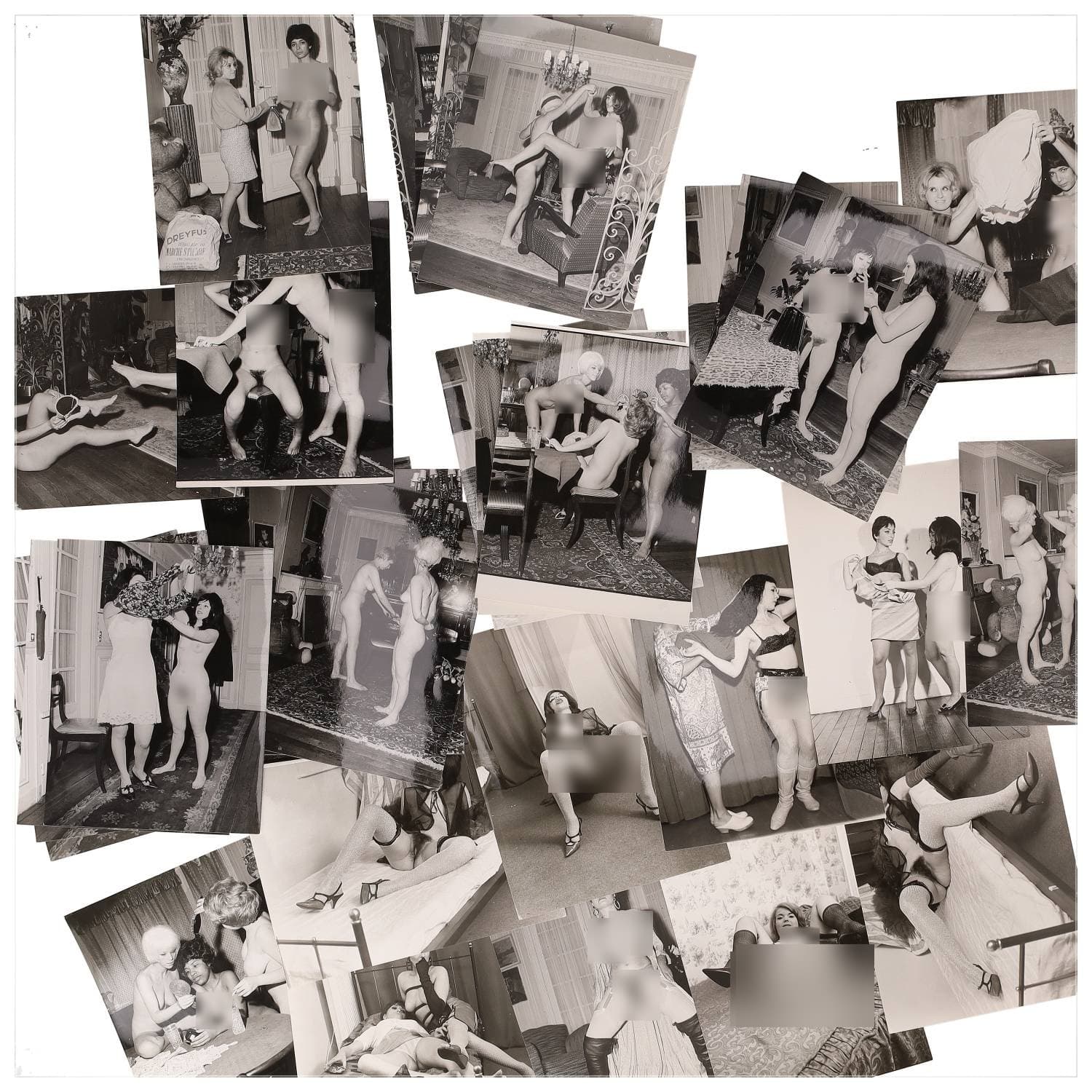 Erotica, étude de nu, photographies érotiques et divers. Circa 1950-60’s. Ensemble d’une trentaine de tirages argentiques. Exemples de sujets : femmes nues, dénudées, sexe féminin, fessier, poitrine, ‘Scandinaves’, etc. Sur certains versos, annotations. Divers états (dont gondolements, plis et traces) et formats entiers moyens environ 24 x 18 cm.