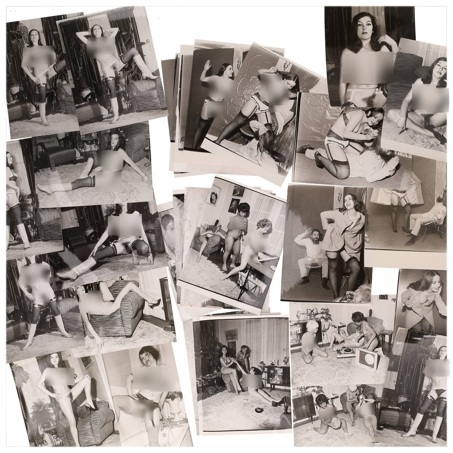 Erotica, étude de nu, photographies érotiques et divers. Circa 1950-60’s. Ensemble d’une trentaine de tirages argentiques. Exemples de sujets : femmes nues, dénudées, sexe féminin, fessier, poitrine, ‘Scandinaves’, etc. Sur certains versos, annotations. Divers états (dont gondolements, plis et traces) et formats entiers moyens environ 24 x 18 cm.