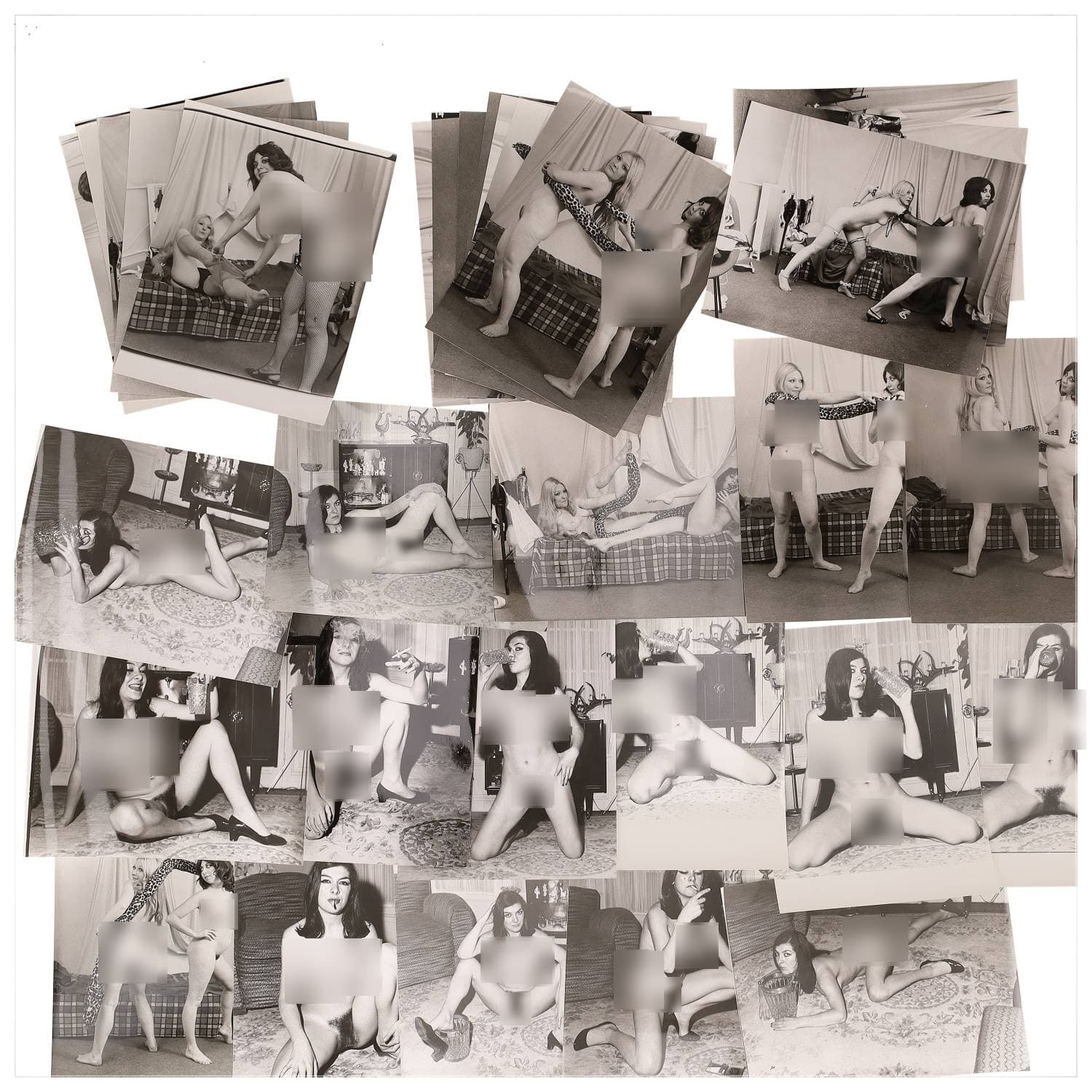 Erotica, étude de nu, photographies érotiques et divers. Circa 1950-60’s. Ensemble d’une trentaine de tirages argentiques. Exemples de sujets : femmes nues, dénudées, sexe féminin, fessier, poitrine, ‘Scandinaves’, etc. Sur certains versos, annotations. Divers états (dont gondolements, plis et traces) et formats entiers moyens environ 24 x 18 cm.