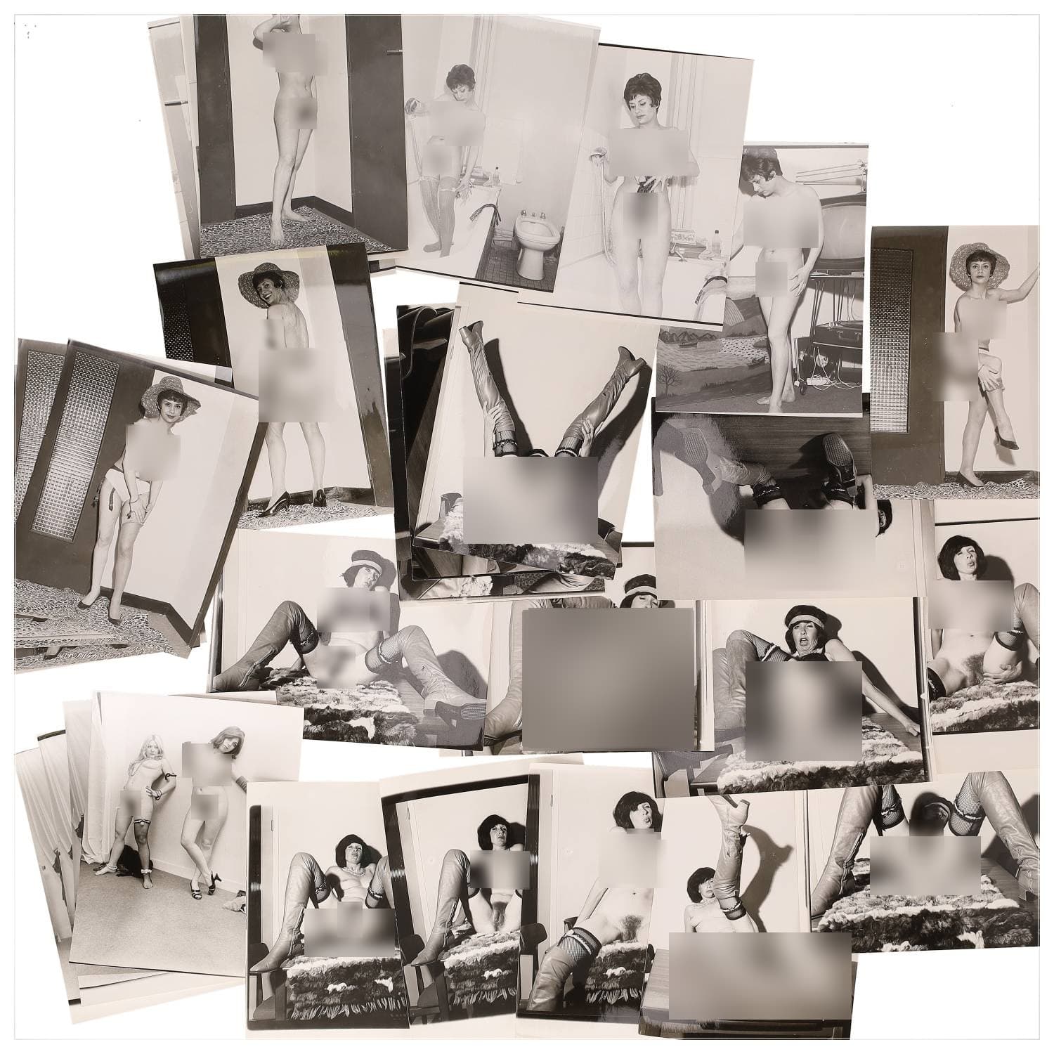 Erotica, étude de nu, photographies érotiques et divers. Circa 1950-60’s. Ensemble d’une trentaine de tirages argentiques. Exemples de sujets : femmes nues, dénudées, sexe féminin, fessier, poitrine, ‘Scandinaves’, etc. Sur certains versos, annotations. Divers états (dont gondolements, plis et traces) et formats entiers moyens environ 24 x 18 cm.