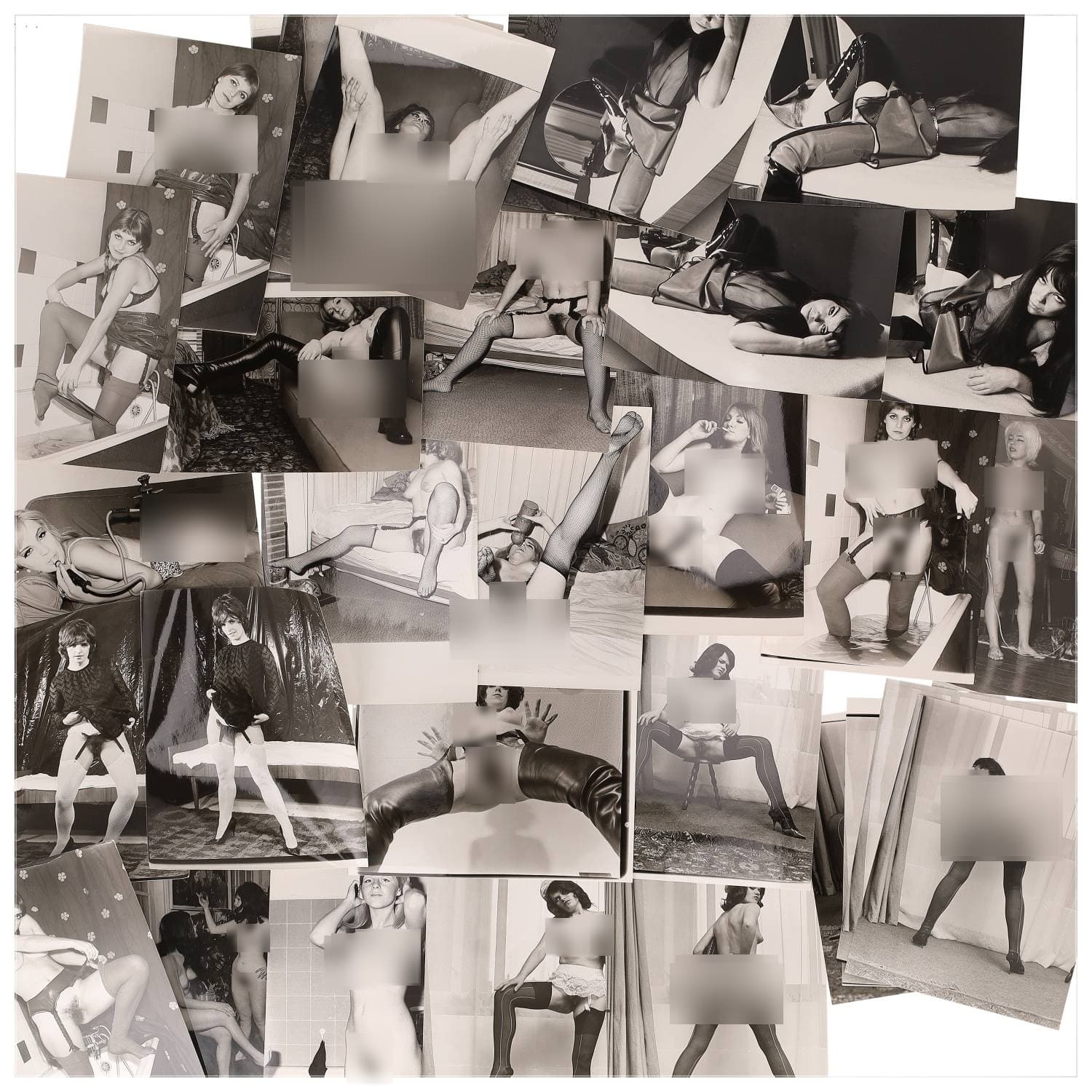 Erotica, étude de nu, photographies érotiques et divers. Circa 1950-60’s. Ensemble d’une trentaine de tirages argentiques. Exemples de sujets : femmes nues, dénudées, sexe féminin, fessier, poitrine, ‘Scandinaves’, etc. Sur certains versos, annotations. Divers états (dont gondolements, plis et traces) et formats entiers moyens environ 24 x 18 cm.