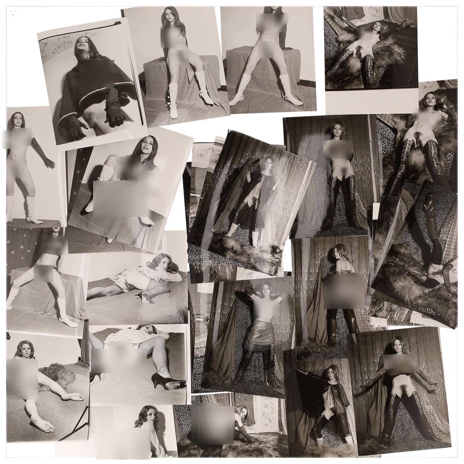 Erotica, étude de nu, photographies érotiques et divers. Circa 1950-60’s. Ensemble d’une trentaine de tirages argentiques. Exemples de sujets : femmes nues, dénudées, sexe féminin, fessier, poitrine, ‘Scandinaves’, etc. Sur certains versos, annotations. Divers états (dont gondolements, plis et traces) et formats entiers moyens environ 24 x 18 cm.