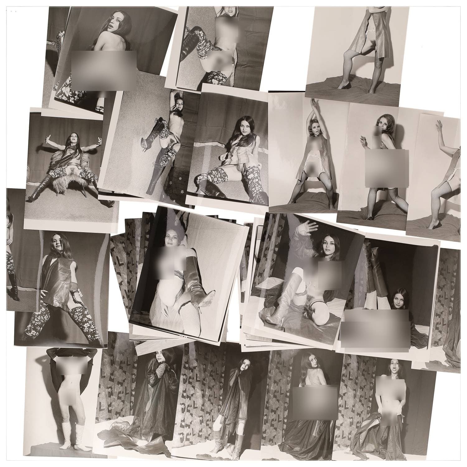 Erotica, étude de nu, photographies érotiques et divers. Circa 1950-60’s. Ensemble d’une trentaine de tirages argentiques. Exemples de sujets : femmes nues, dénudées, sexe féminin, fessier, poitrine, ‘Scandinaves’, etc. Sur certains versos, annotations. Divers états (dont gondolements, plis et traces) et formats entiers moyens environ 24 x 18 cm.