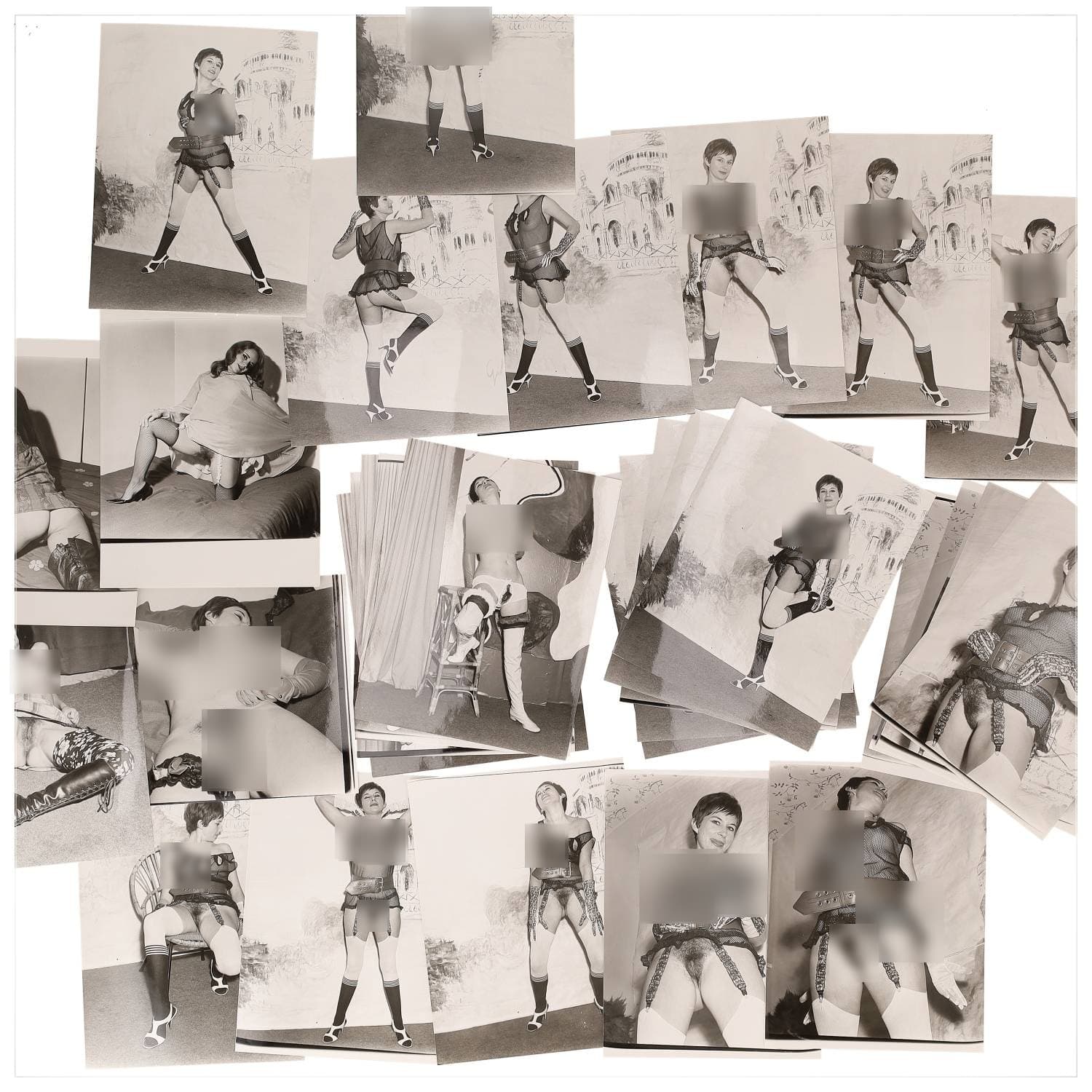 Erotica, étude de nu, photographies érotiques et divers. Circa 1950-60’s. Ensemble d’une trentaine de tirages argentiques. Exemples de sujets : femmes nues, dénudées, sexe féminin, fessier, poitrine, ‘Scandinaves’, etc. Sur certains versos, annotations. Divers états (dont gondolements, plis et traces) et formats entiers moyens environ 24 x 18 cm.