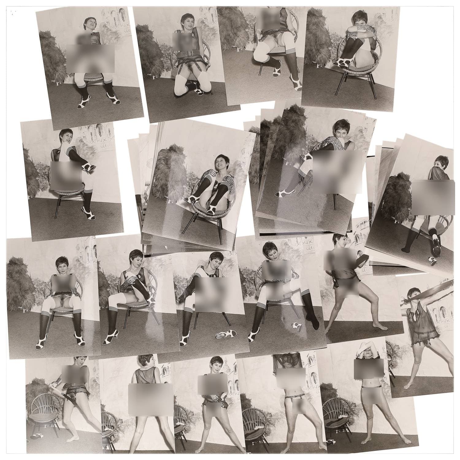 Erotica, étude de nu, photographies érotiques et divers. Circa 1950-60’s. Ensemble d’une trentaine de tirages argentiques. Exemples de sujets : femmes nues, dénudées, sexe féminin, fessier, poitrine, ‘Scandinaves’, etc. Sur certains versos, annotations. Divers états (dont gondolements, plis et traces) et formats entiers moyens environ 24 x 18 cm.