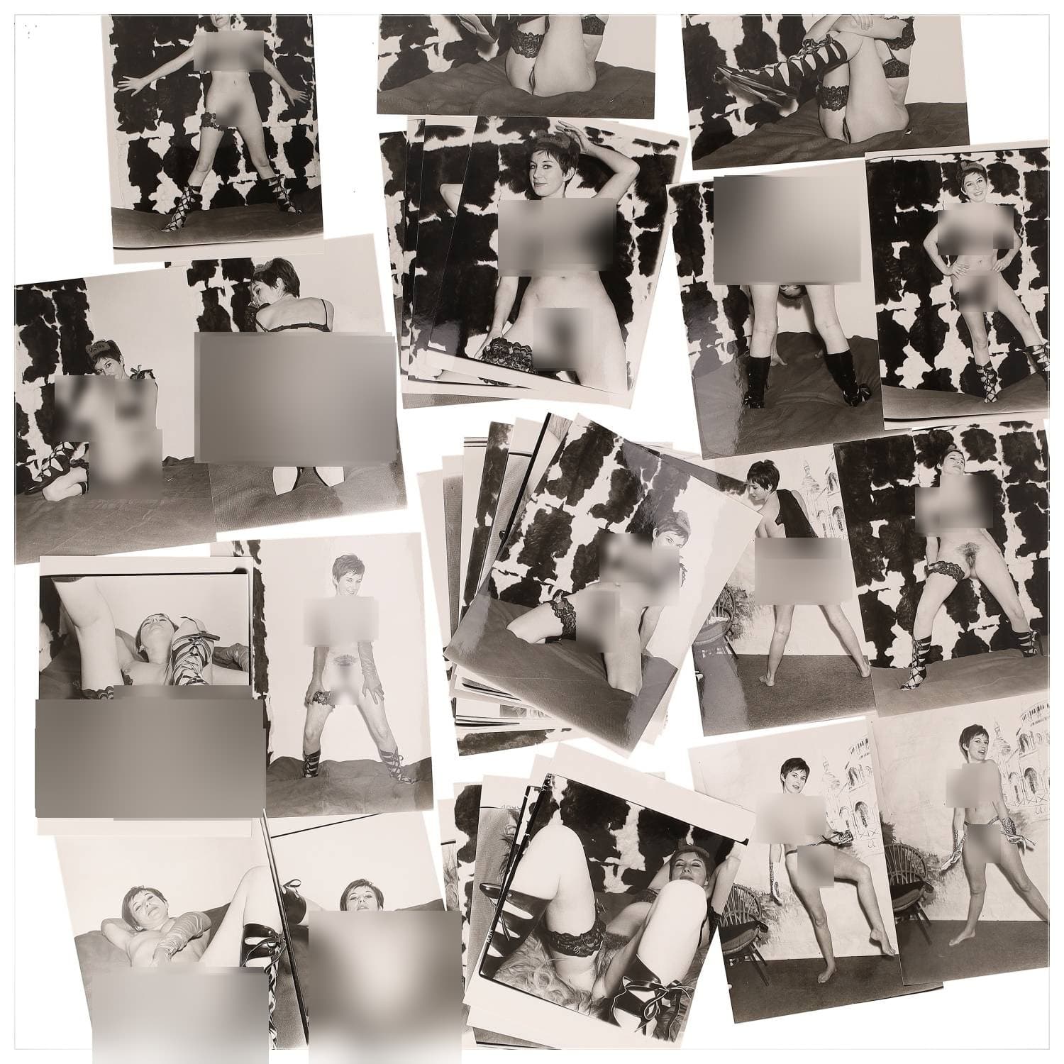 Erotica, étude de nu, photographies érotiques et divers. Circa 1950-60’s. Ensemble d’une trentaine de tirages argentiques. Exemples de sujets : femmes nues, dénudées, sexe féminin, fessier, poitrine, ‘Scandinaves’, etc. Sur certains versos, annotations. Divers états (dont gondolements, plis et traces) et formats entiers moyens environ 24 x 18 cm.