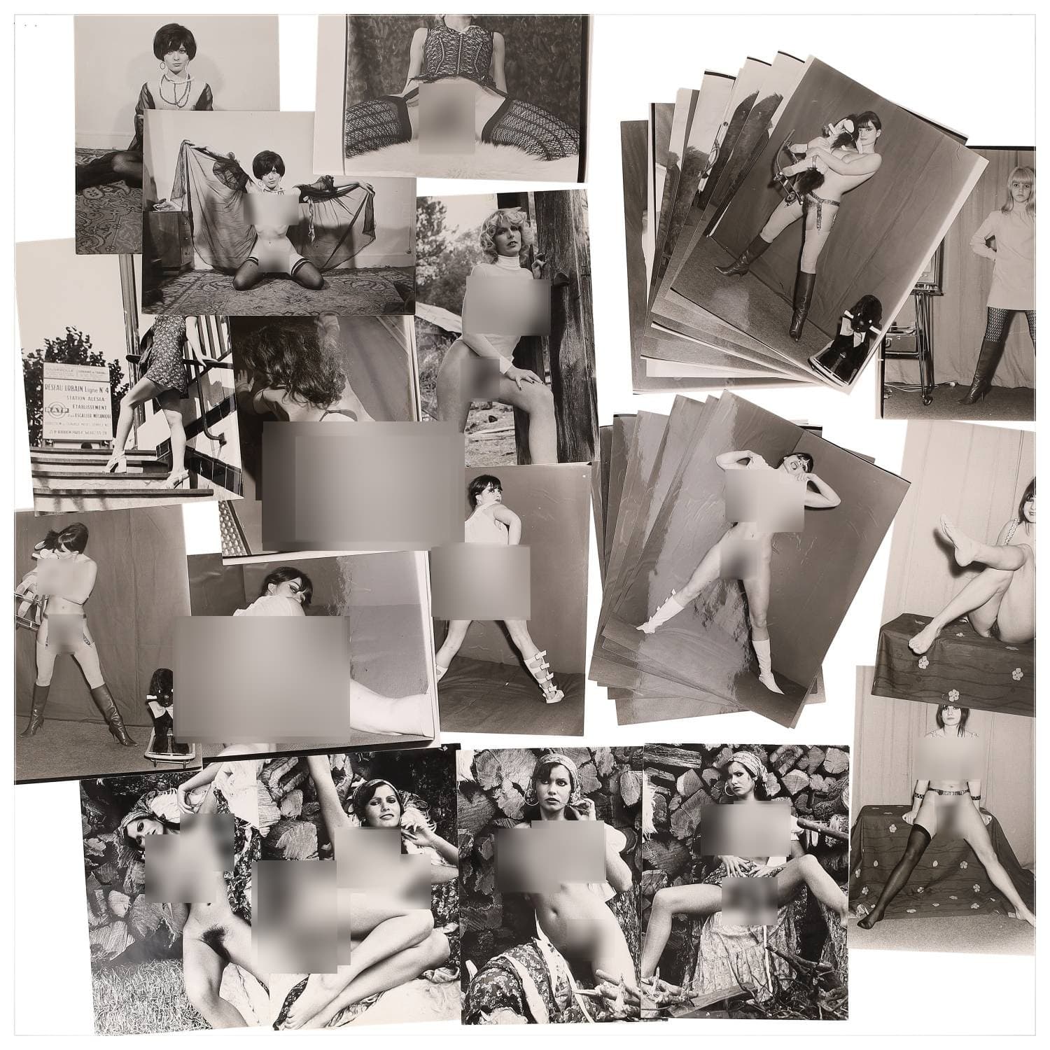 Erotica, étude de nu, photographies érotiques et divers. Circa 1950-60’s. Ensemble d’une trentaine de tirages argentiques. Exemples de sujets : femmes nues, dénudées, sexe féminin, fessier, poitrine, ‘Scandinaves’, etc. Sur certains versos, annotations. Divers états (dont gondolements, plis et traces) et formats entiers moyens environ 24 x 18 cm.