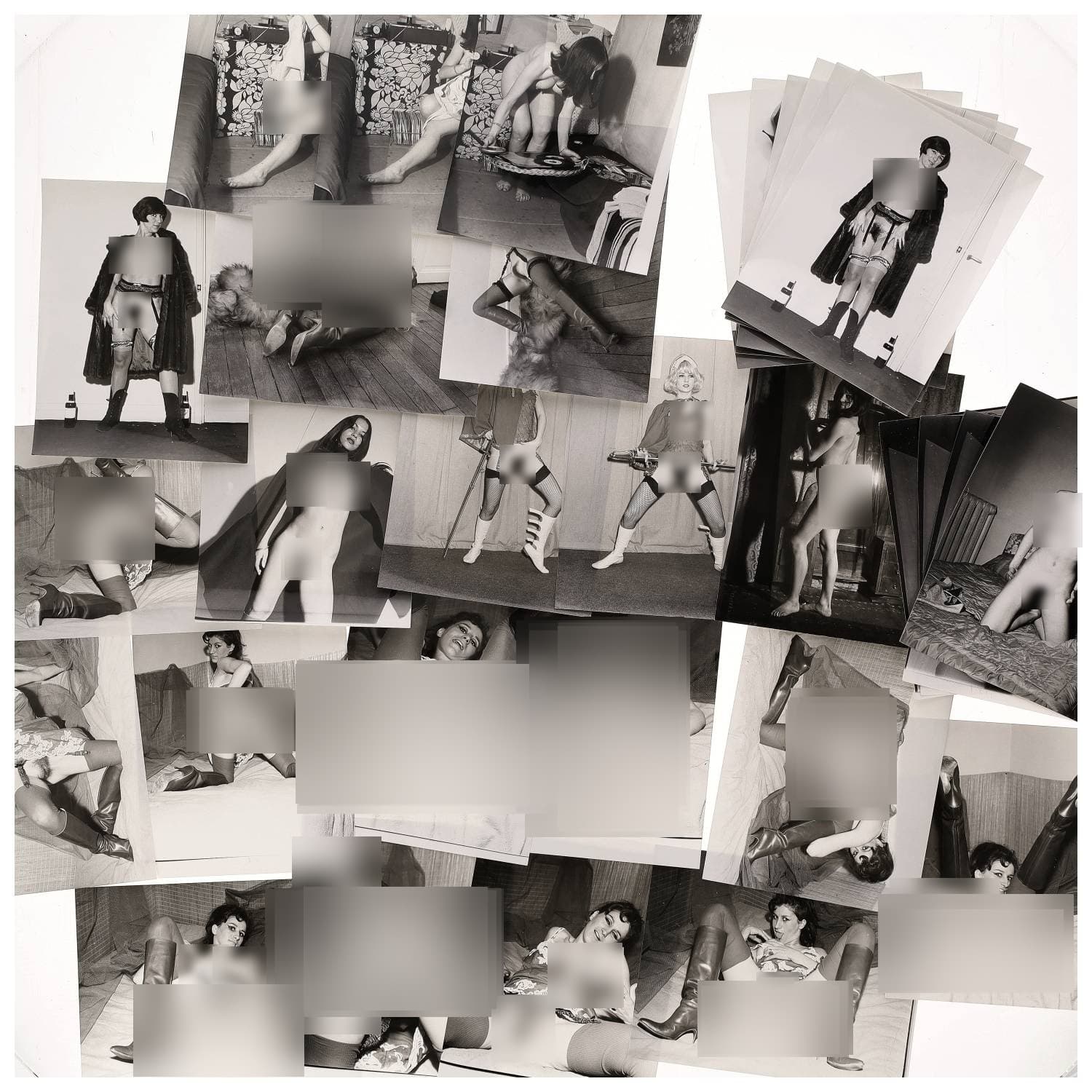 Erotica, étude de nu, photographies érotiques et divers. Circa 1950-70’s. Ensemble d’une trentaine de tirages argentiques. Exemples de sujets : femmes nues, dénudées, sexe féminin, fessier, poitrine, ‘Scandinaves’, etc. Sur certains versos, annotations. Divers états (dont gondolements, plis et traces) et formats entiers moyens environ 24 x 18 cm.