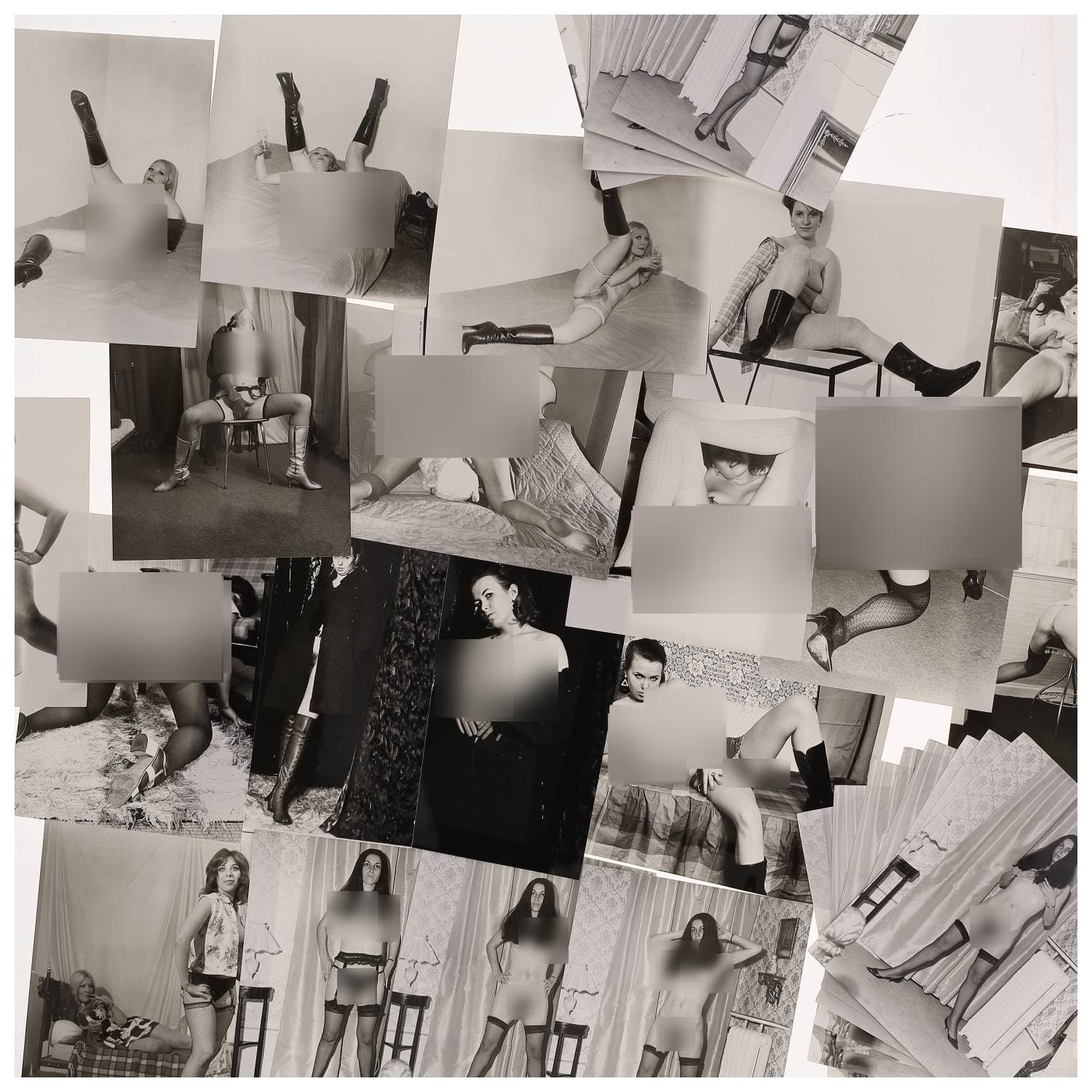 Erotica, étude de nu, photographies érotiques et divers. Circa 1950-70’s. Ensemble d’une trentaine de tirages argentiques. Exemples de sujets : femmes nues, dénudées, sexe féminin, fessier, poitrine, ‘Scandinaves’, etc. Sur certains versos, annotations. Divers états (dont gondolements, plis et traces) et formats entiers moyens environ 24 x 18 cm.