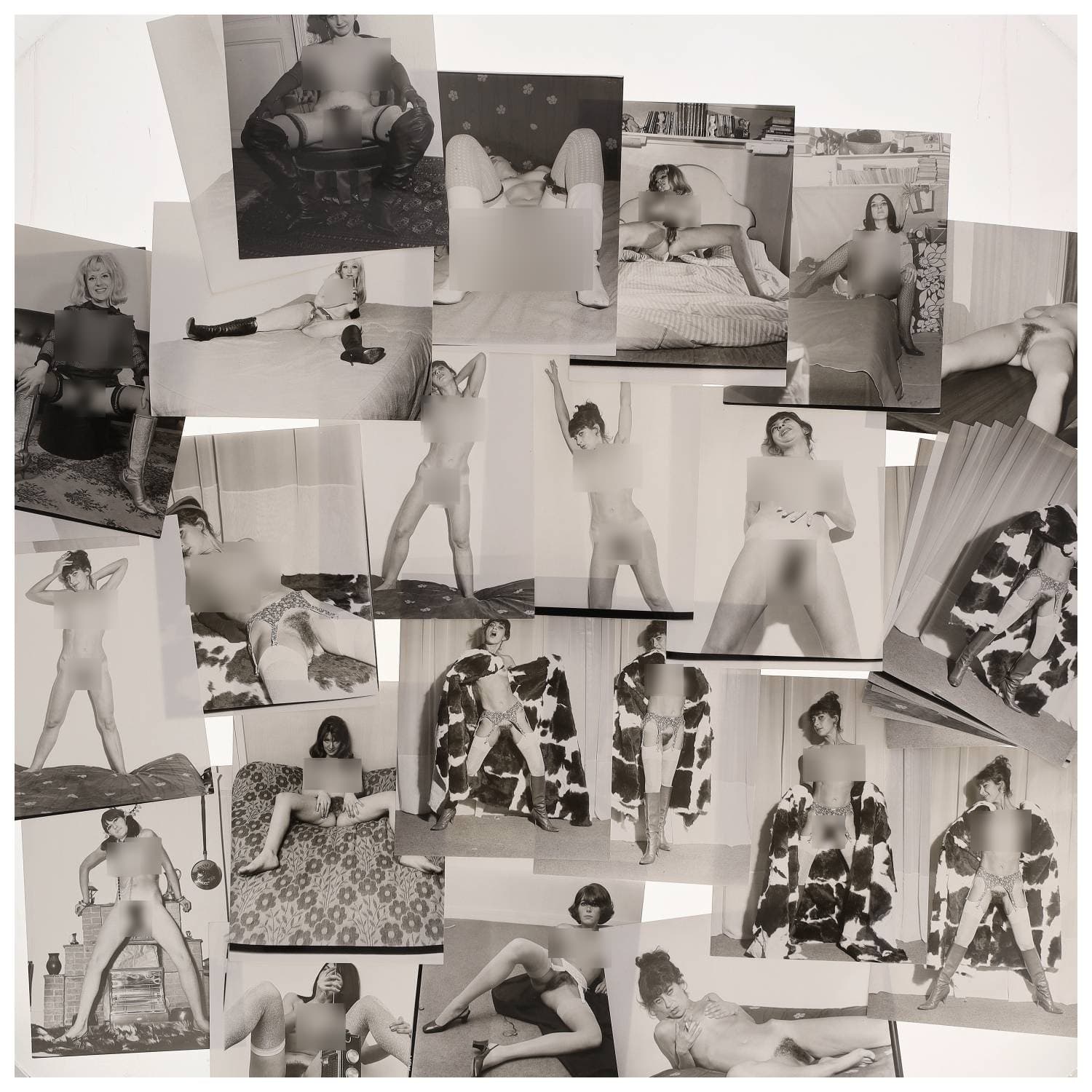 Erotica, étude de nu, photographies érotiques et divers. Circa 1950-70’s. Ensemble d’une trentaine de tirages argentiques. Exemples de sujets : femmes nues, dénudées, sexe féminin, fessier, poitrine, ‘Scandinaves’, etc. Sur certains versos, annotations. Divers états (dont gondolements, plis et traces) et formats entiers moyens environ 24 x 18 cm.