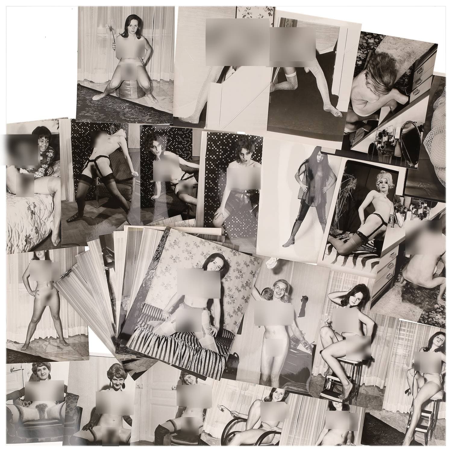Erotica, étude de nu, photographies érotiques et divers. Circa 1950-70’s. Ensemble d’une trentaine de tirages argentiques. Exemples de sujets : femmes nues, dénudées, sexe féminin, fessier, poitrine, ‘Scandinaves’, etc. Sur certains versos, annotations. Divers états (dont gondolements, plis et traces) et formats entiers moyens environ 24 x 18 cm.