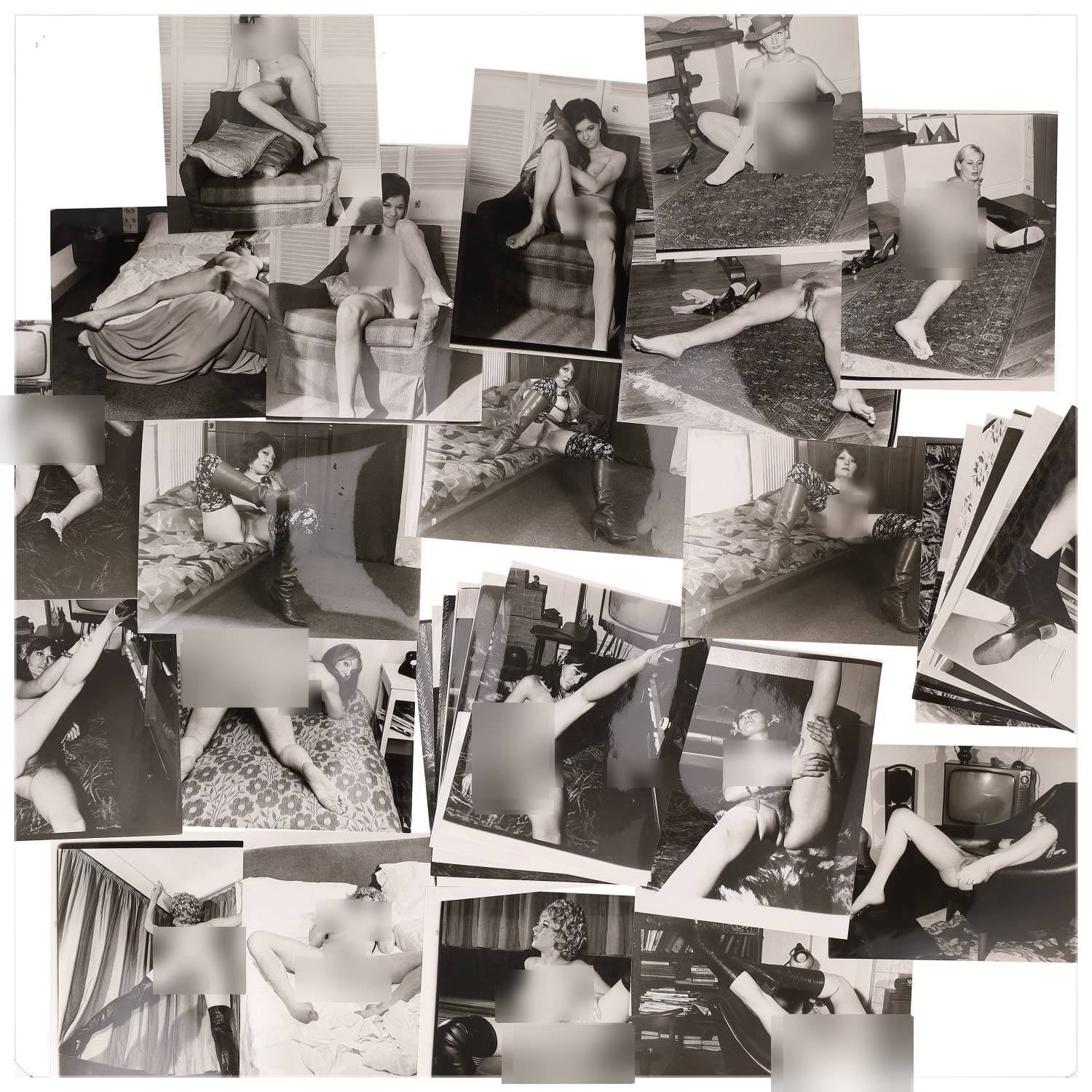 Erotica, étude de nu, photographies érotiques et divers. Circa 1950-70’s. Ensemble d’une trentaine de tirages argentiques. Exemples de sujets : femmes nues, dénudées, sexe féminin, fessier, poitrine, ‘Scandinaves’, etc. Sur certains versos, annotations. Divers états (dont gondolements, plis et traces) et formats entiers moyens environ 24 x 18 cm.
