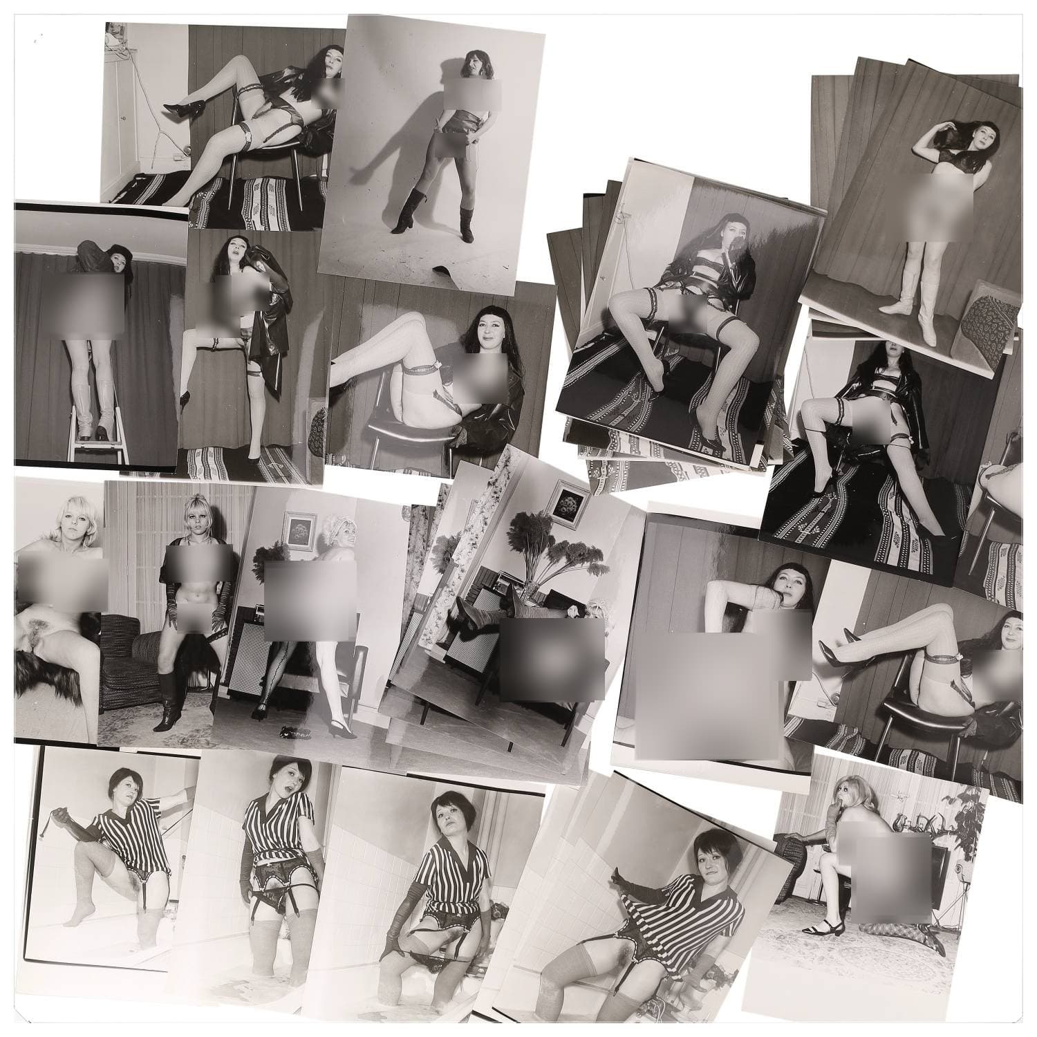 Erotica, étude de nu, photographies érotiques et divers. Circa 1950-70’s. Ensemble d’une trentaine de tirages argentiques. Exemples de sujets : femmes nues, dénudées, sexe féminin, fessier, poitrine, ‘Scandinaves’, etc. Sur certains versos, annotations. Divers états (dont gondolements, plis et traces) et formats entiers moyens environ 24 x 18 cm.