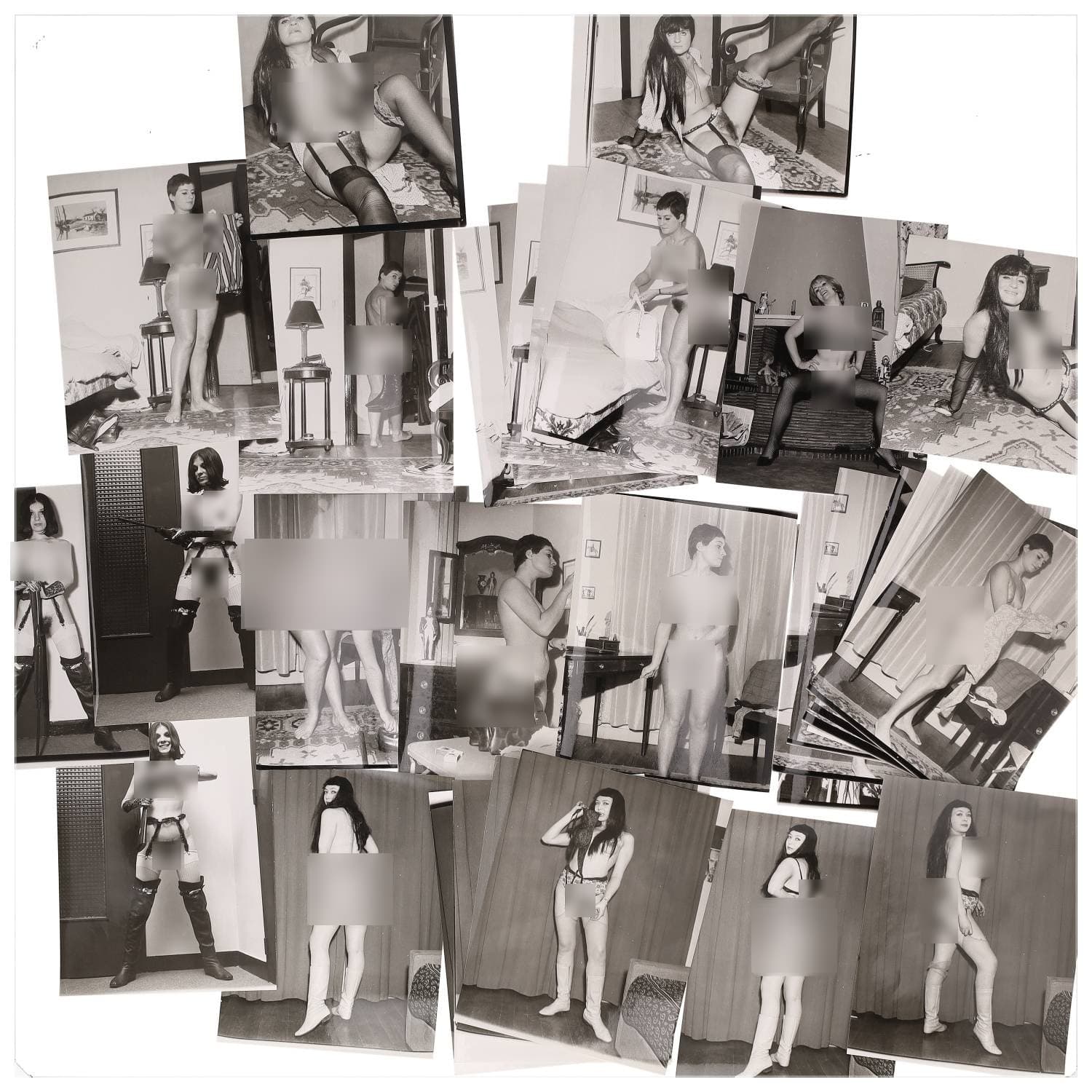 Erotica, étude de nu, photographies érotiques et divers. Circa 1950-70’s. Ensemble d’une trentaine de tirages argentiques. Exemples de sujets : femmes nues, dénudées, sexe féminin, fessier, poitrine, ‘Scandinaves’, etc. Sur certains versos, annotations. Divers états (dont gondolements, plis et traces) et formats entiers moyens environ 24 x 18 cm.