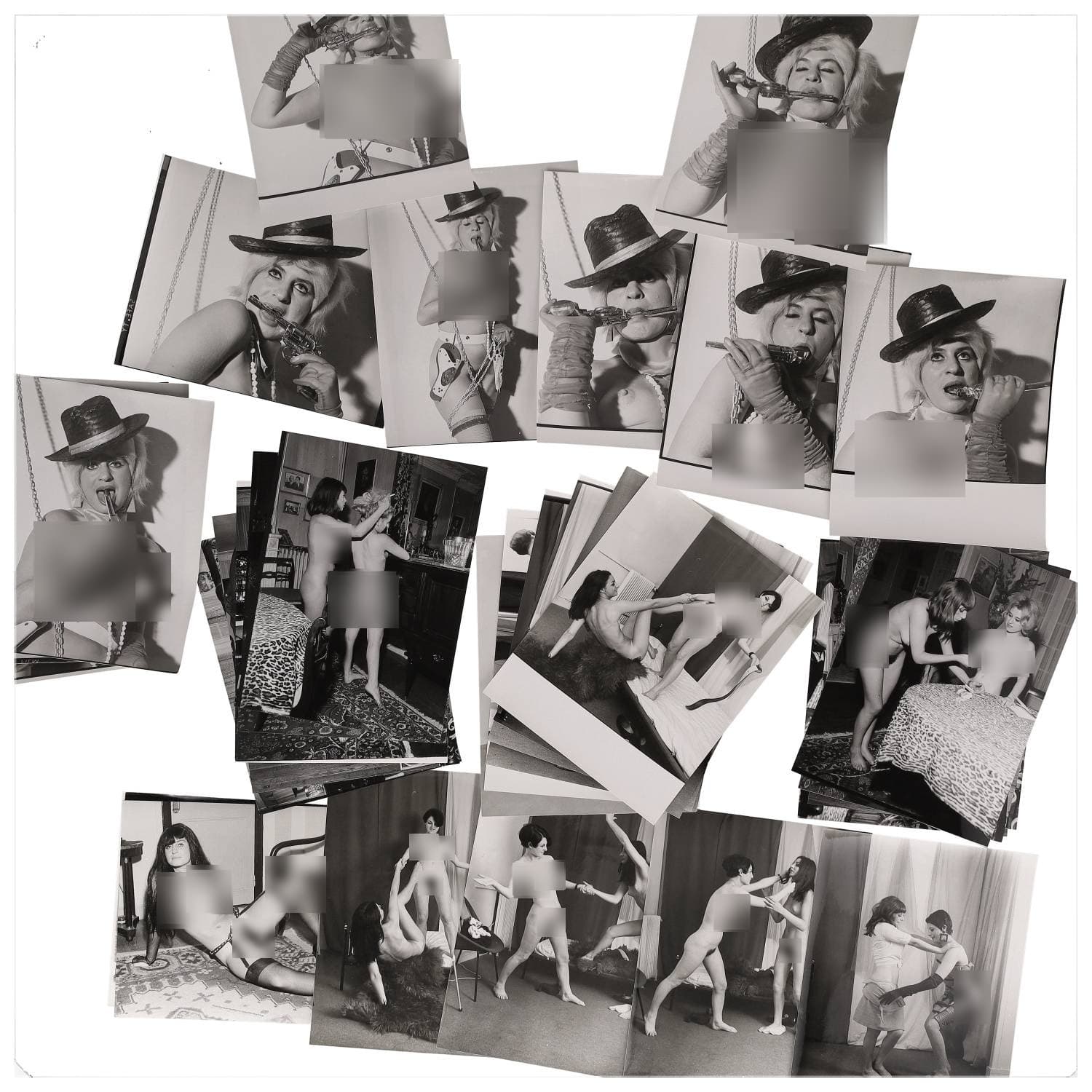 Erotica, étude de nu, photographies érotiques et divers. Circa 1950-70’s. Ensemble d’une trentaine de tirages argentiques. Exemples de sujets : femmes nues, dénudées, sexe féminin, fessier, poitrine, ‘Scandinaves’, etc. Sur certains versos, annotations. Divers états (dont gondolements, plis et traces) et formats entiers moyens environ 24 x 18 cm.