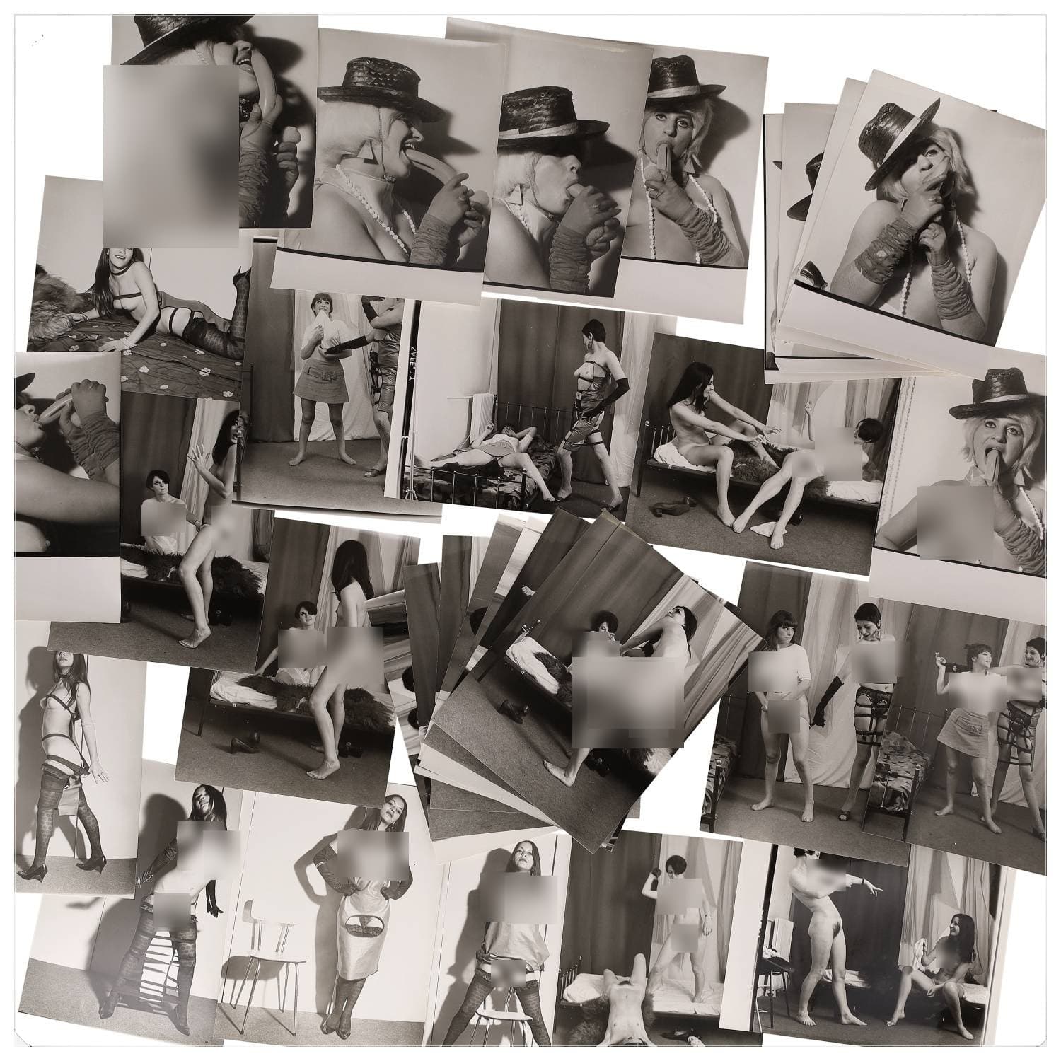 Erotica, étude de nu, photographies érotiques et divers. Circa 1950-70’s. Ensemble d’une trentaine de tirages argentiques. Exemples de sujets : femmes nues, dénudées, sexe féminin, fessier, poitrine, ‘Scandinaves’, etc. Sur certains versos, annotations. Divers états (dont gondolements, plis et traces) et formats entiers moyens environ 24 x 18 cm.