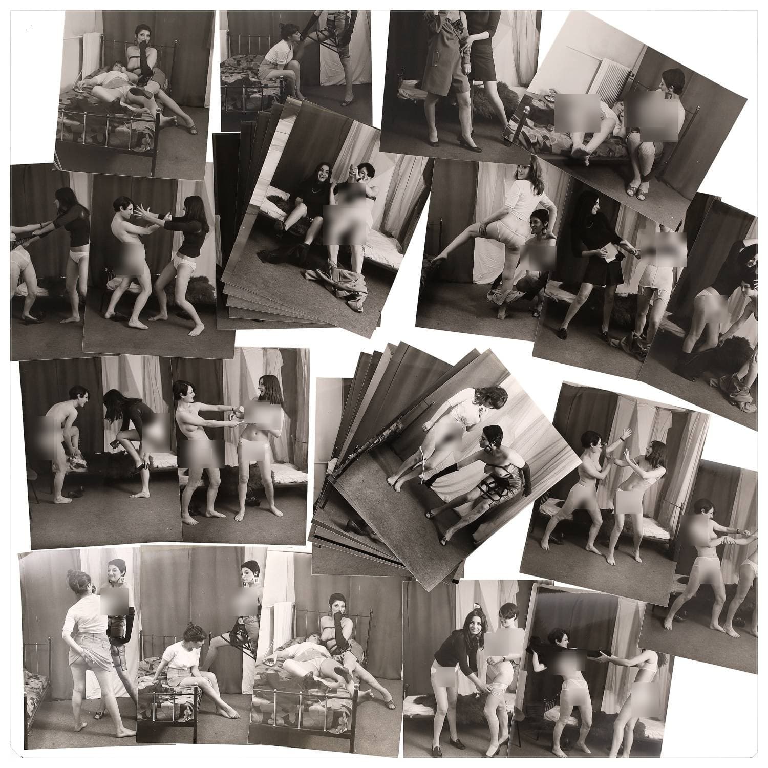 Erotica, étude de nu, photographies érotiques et divers. Circa 1950-70’s. Ensemble d’une trentaine de tirages argentiques. Exemples de sujets : femmes nues, dénudées, sexe féminin, fessier, poitrine, ‘Scandinaves’, etc. Sur certains versos, annotations. Divers états (dont gondolements, plis et traces) et formats entiers moyens environ 24 x 18 cm.