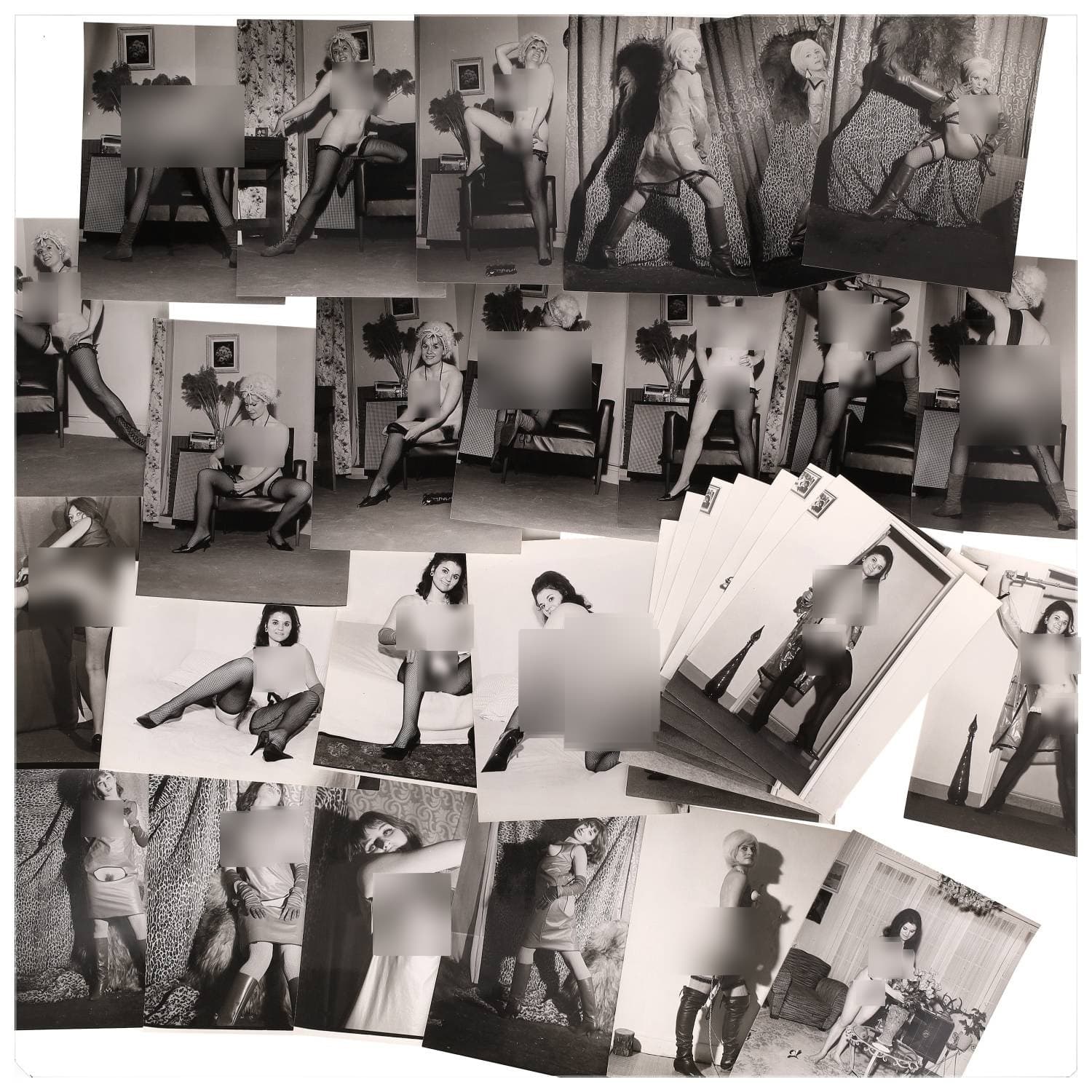 Erotica, étude de nu, photographies érotiques et divers. Circa 1950-70’s. Ensemble d’une trentaine de tirages argentiques. Exemples de sujets : femmes nues, dénudées, sexe féminin, fessier, poitrine, ‘Scandinaves’, etc. Sur certains versos, annotations. Divers états (dont gondolements, plis et traces) et formats entiers moyens environ 24 x 18 cm.