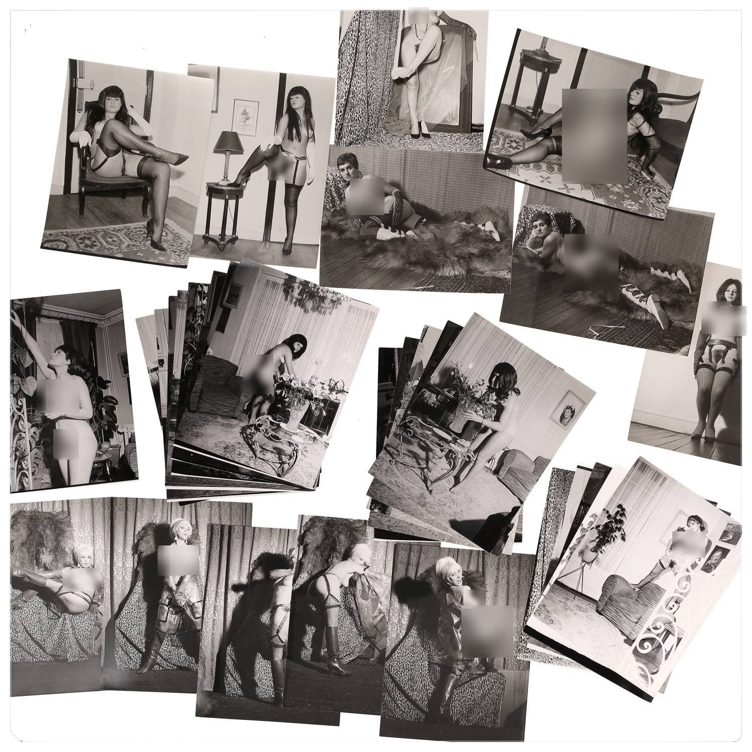 Erotica, étude de nu, photographies érotiques et divers. Circa 1950-70’s. Ensemble d’une trentaine de tirages argentiques. Exemples de sujets : femmes nues, dénudées, sexe féminin, fessier, poitrine, ‘Scandinaves’, etc. Sur certains versos, annotations. Divers états (dont gondolements, plis et traces) et formats entiers moyens environ 25,5 x 20 cm.