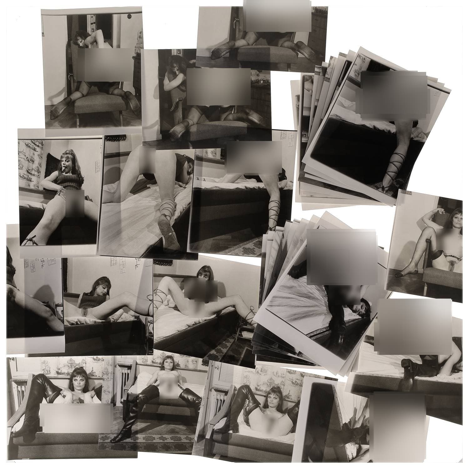 Erotica, étude de nu, photographies érotiques et divers. Circa 1950-70’s. Ensemble d’une trentaine de tirages argentiques. Exemples de sujets : femmes nues, dénudées, sexe féminin, fessier, poitrine, ‘Scandinaves’, etc. Sur certains versos, annotations. Divers états (dont gondolements, plis et traces) et formats entiers moyens environ 25,5 x 20 cm.