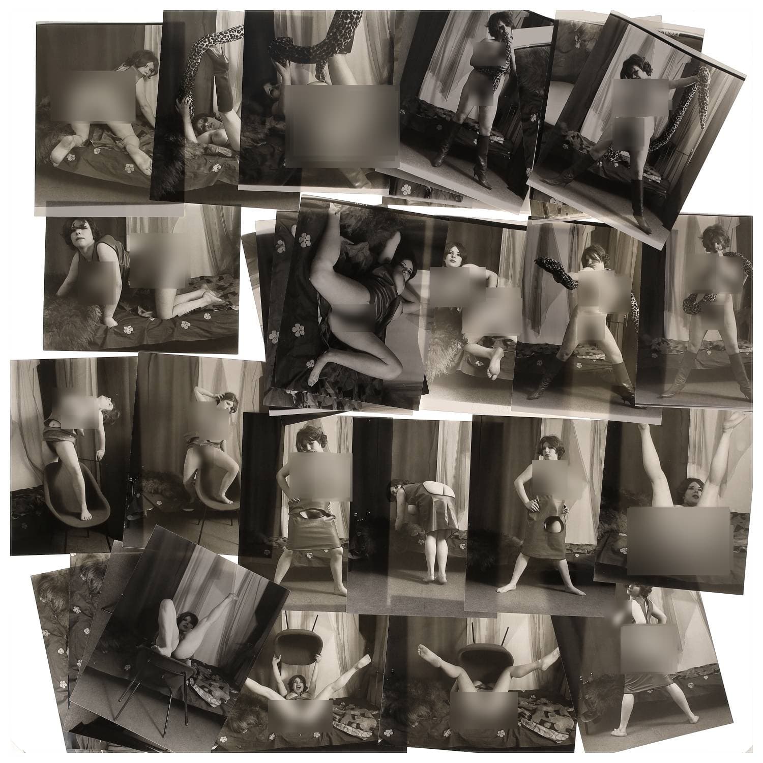Erotica, étude de nu, photographies érotiques et divers. Circa 1950-70’s. Ensemble d’une trentaine de tirages argentiques. Exemples de sujets : femmes nues, dénudées, sexe féminin, fessier, poitrine, ‘Scandinaves’, etc. Sur certains versos, annotations. Divers états (dont gondolements, plis et traces) et formats entiers moyens environ 24 x 18 cm.