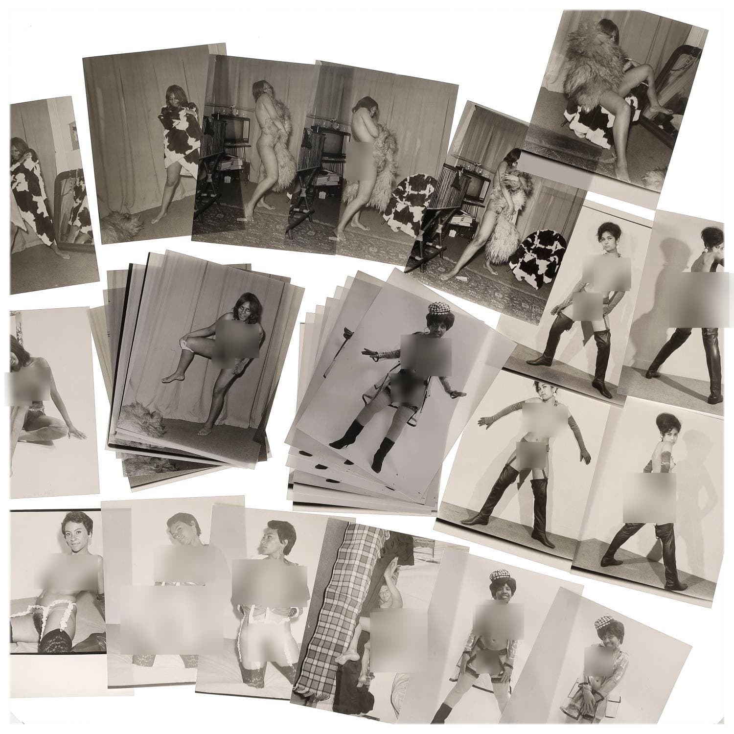 Erotica, étude de nu, photographies érotiques et divers. Circa 1950-70’s. Ensemble d’une trentaine de tirages argentiques. Exemples de sujets : femmes nues, dénudées, sexe féminin, fessier, poitrine, ‘Scandinaves’, etc. Sur certains versos, annotations. Divers états (dont gondolements, plis et traces) et formats entiers moyens environ 24 x 18 cm.