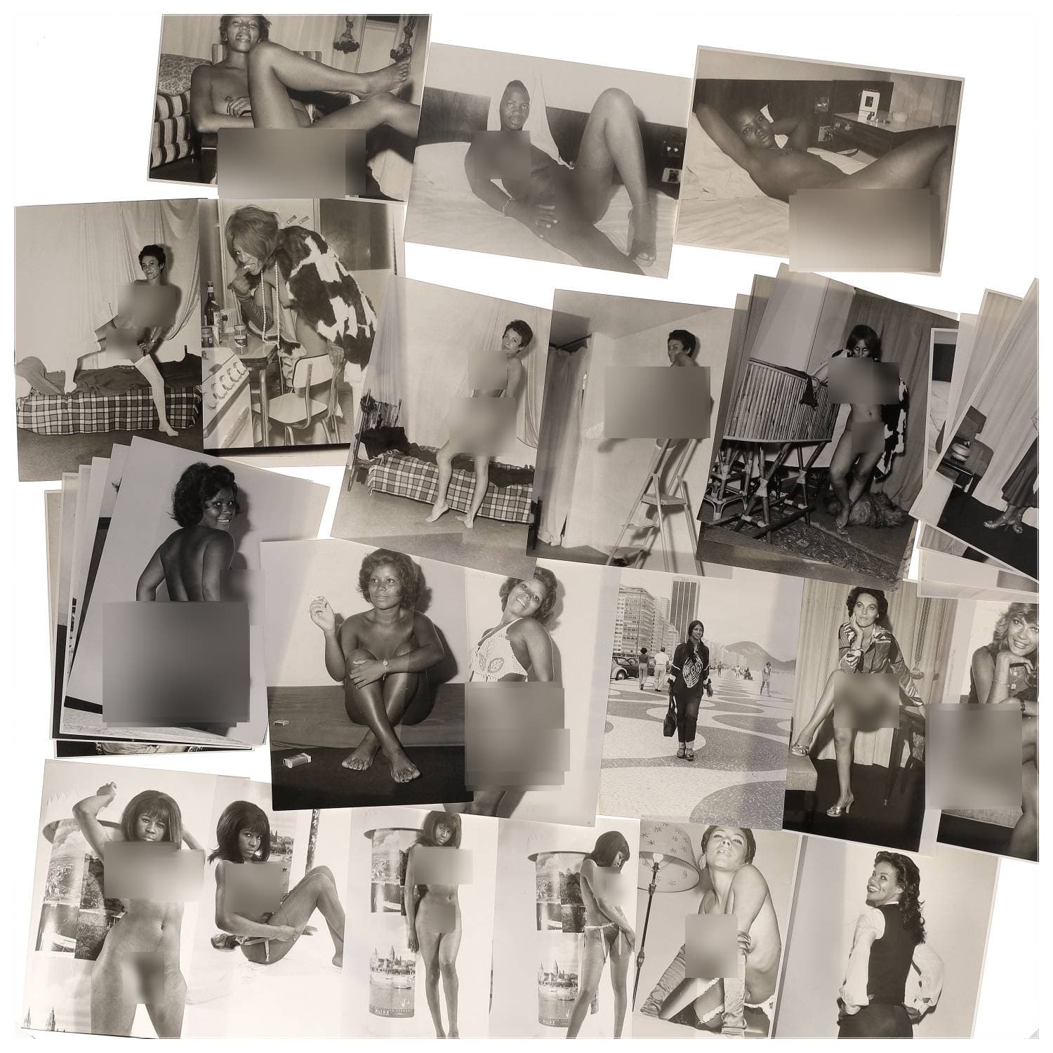 Erotica, étude de nu, photographies érotiques et divers. Circa 1950-70’s. Ensemble d’une trentaine de tirages argentiques. Exemples de sujets : femmes nues, dénudées, sexe féminin, fessier, poitrine, ‘Scandinaves’, etc. Sur certains versos, annotations. Divers états (dont gondolements, plis et traces) et formats entiers moyens environ 24 x 18 cm.