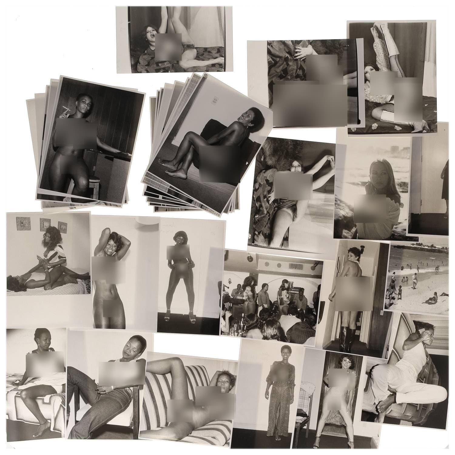 Erotica, étude de nu, photographies érotiques et divers. Circa 1950-70’s. Ensemble d’une trentaine de tirages argentiques. Exemples de sujets : femmes nues, dénudées, sexe féminin, fessier, poitrine, ‘Scandinaves’, etc. Sur certains versos, annotations. Divers états (dont gondolements, plis et traces) et formats entiers moyens environ 24 x 18 cm.