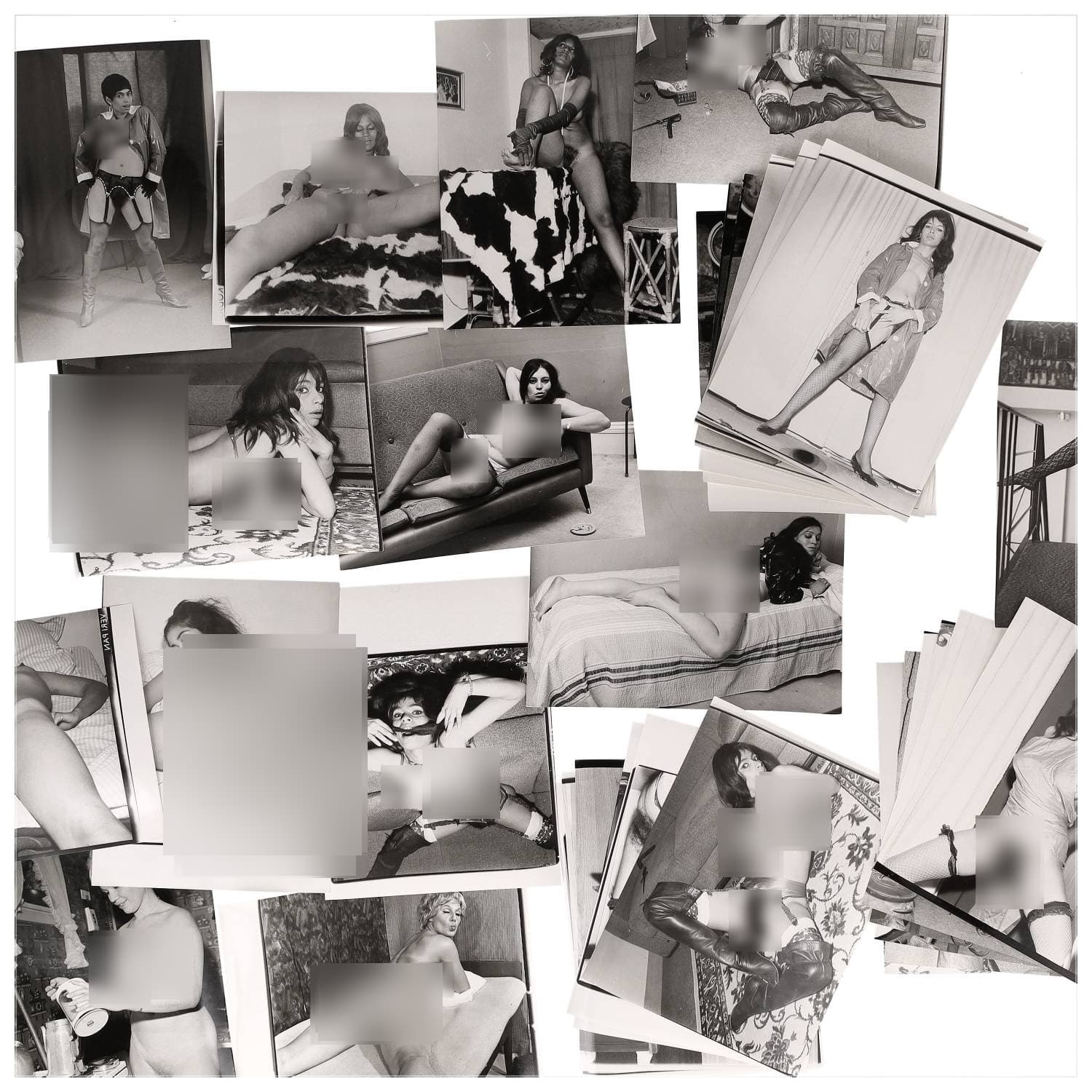 Erotica, étude de nu, photographies érotiques et divers. Circa 1950-70’s. Ensemble d’une trentaine de tirages argentiques. Exemples de sujets : femmes nues, dénudées, sexe féminin, fessier, poitrine, ‘Scandinaves’, etc. Sur certains versos, annotations. Divers états (dont gondolements, plis et traces) et formats entiers moyens environ 24 x 18 cm.