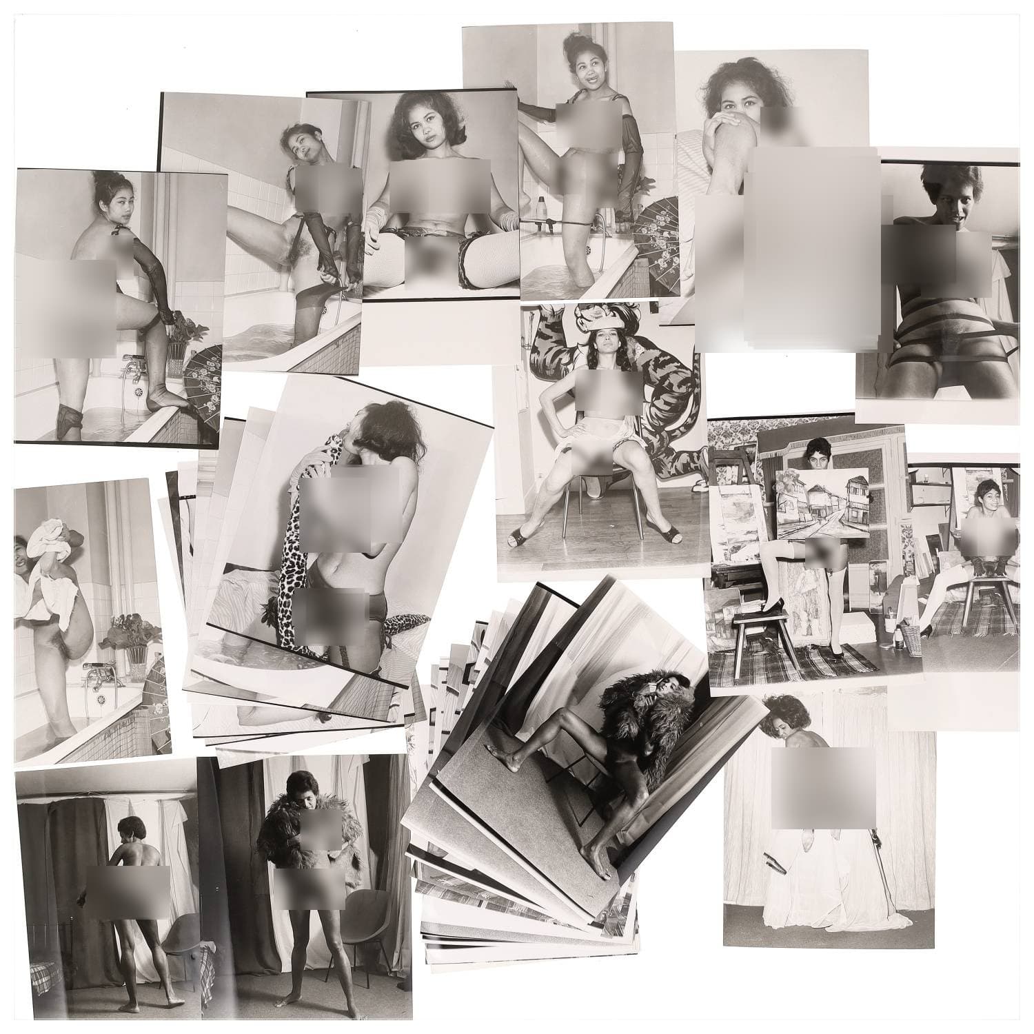 Erotica, étude de nu, photographies érotiques et divers. Circa 1950-70’s. Ensemble d’une trentaine de tirages argentiques. Exemples de sujets : femmes nues, dénudées, sexe féminin, fessier, poitrine, ‘Scandinaves’, etc. Sur certains versos, annotations. Divers états (dont gondolements, plis et traces) et formats entiers moyens environ 24 x 18 cm.
