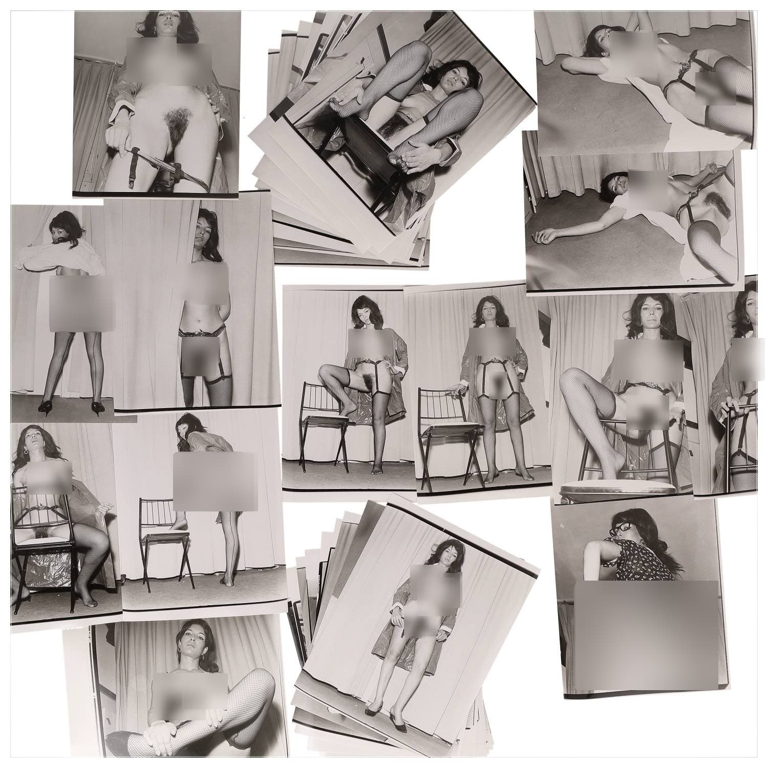 Erotica, étude de nu, photographies érotiques et divers. Circa 1950-70’s. Ensemble d’une trentaine de tirages argentiques. Exemples de sujets : femmes nues, dénudées, sexe féminin, fessier, poitrine, ‘Scandinaves’, etc. Sur certains versos, annotations. Divers états (dont gondolements, plis et traces) et formats entiers moyens environ 24 x 18 cm.