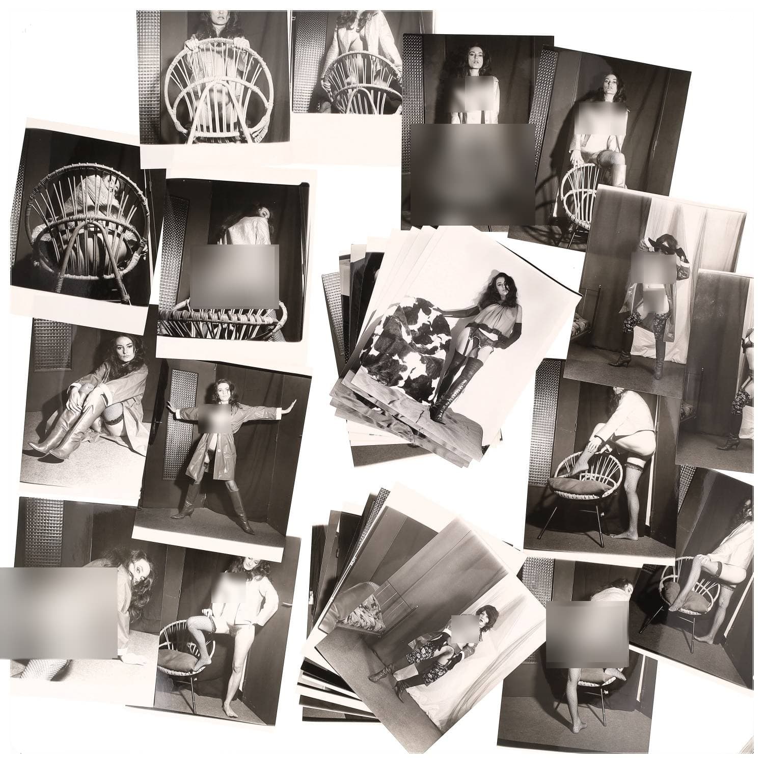 Erotica, étude de nu, photographies érotiques et divers. Circa 1950-70’s. Ensemble d’une trentaine de tirages argentiques. Exemples de sujets : femmes nues, dénudées, sexe féminin, fessier, poitrine, ‘Scandinaves’, etc. Sur certains versos, annotations. Divers états (dont gondolements, plis et traces) et formats entiers moyens environ 24 x 18 cm.