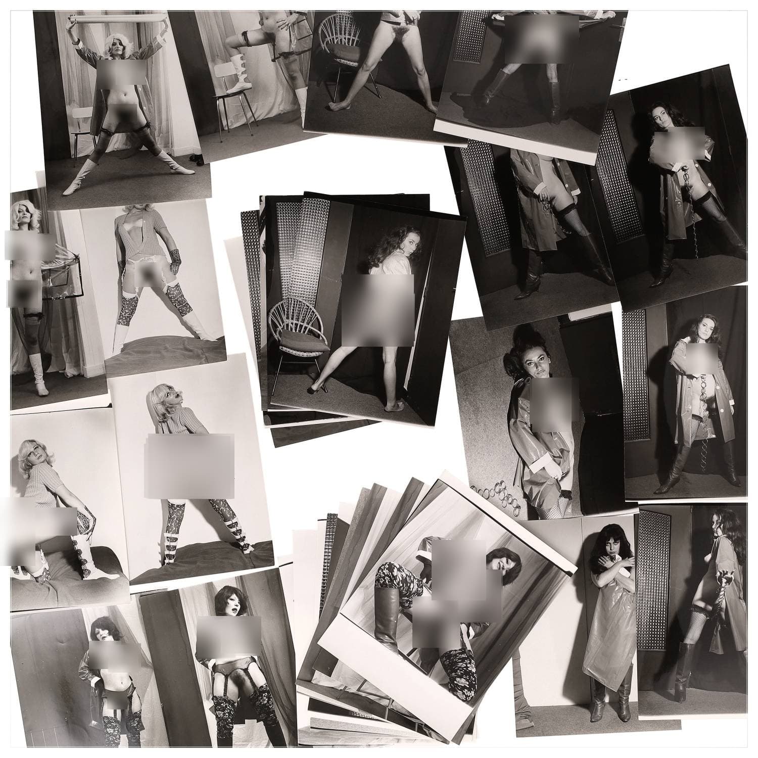 Erotica, étude de nu, photographies érotiques et divers. Circa 1950-70’s. Ensemble d’une trentaine de tirages argentiques. Exemples de sujets : femmes nues, dénudées, sexe féminin, fessier, poitrine, ‘Scandinaves’, etc. Sur certains versos, annotations. Divers états (dont gondolements, plis et traces) et formats entiers moyens environ 24 x 18 cm.