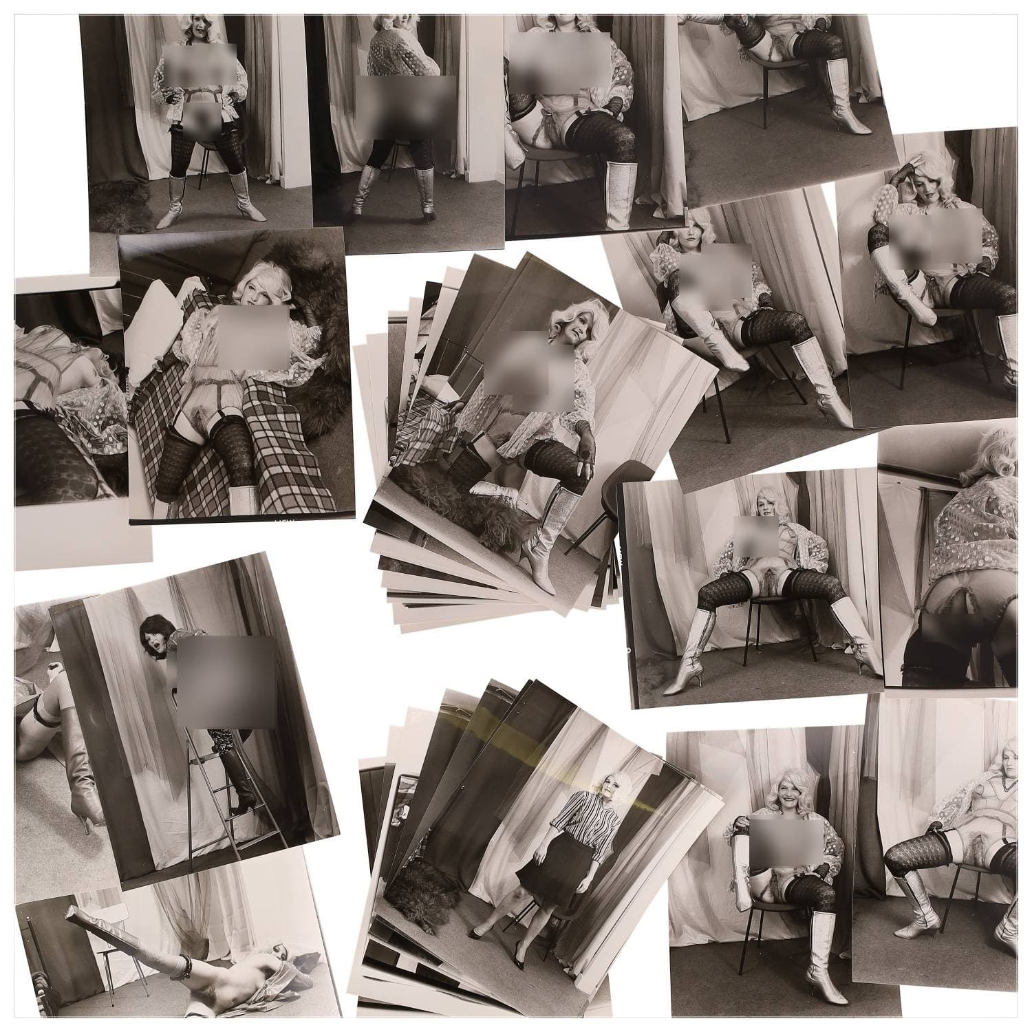 Erotica, étude de nu, photographies érotiques et divers. Circa 1950-70’s. Ensemble d’une trentaine de tirages argentiques. Exemples de sujets : femmes nues, dénudées, sexe féminin, fessier, poitrine, ‘Scandinaves’, etc. Sur certains versos, annotations. Divers états (dont gondolements, plis et traces) et formats entiers moyens environ 24 x 18 cm.