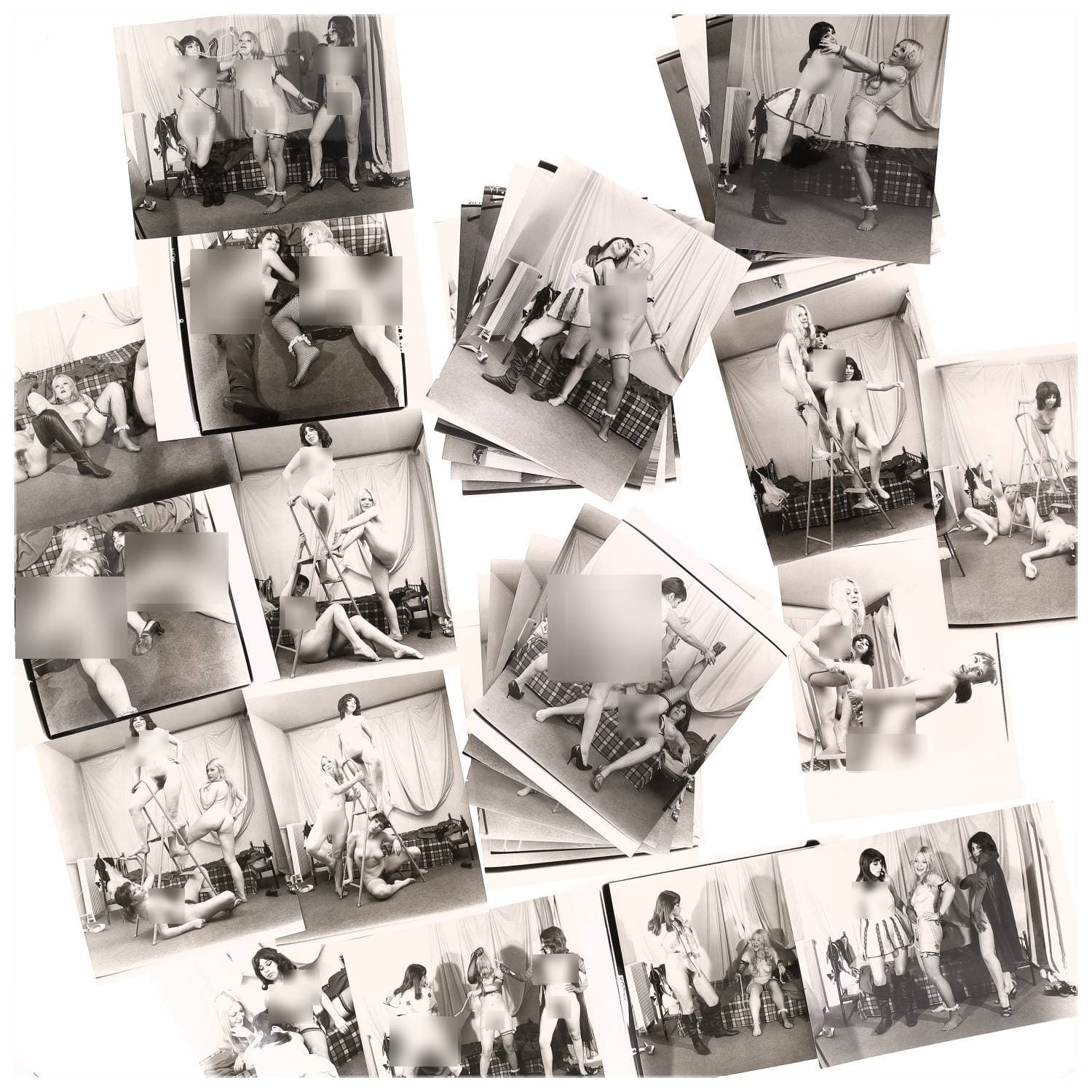 Erotica, étude de nu, photographies érotiques et divers. Circa 1950-70’s. Ensemble d’une trentaine de tirages argentiques. Exemples de sujets : femmes nues, dénudées, sexe féminin, fessier, poitrine, ‘Scandinaves’, etc. Sur certains versos, annotations. Divers états (dont gondolements, plis et traces) et formats entiers moyens environ 24 x 18 cm.