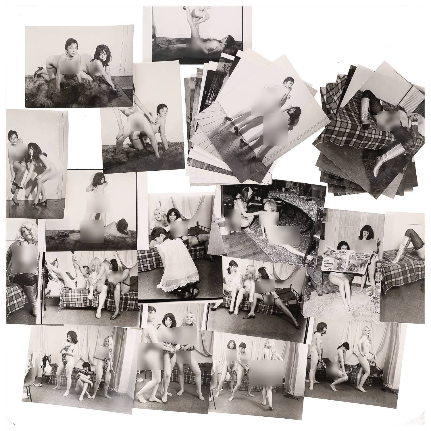 Erotica, étude de nu, photographies érotiques et divers. Circa 1950-70’s. Ensemble d’une trentaine de tirages argentiques. Exemples de sujets : femmes nues, dénudées, sexe féminin, fessier, poitrine, ‘Scandinaves’, etc. Sur certains versos, annotations. Divers états (dont gondolements, plis et traces) et formats entiers moyens environ 24 x 18 cm.