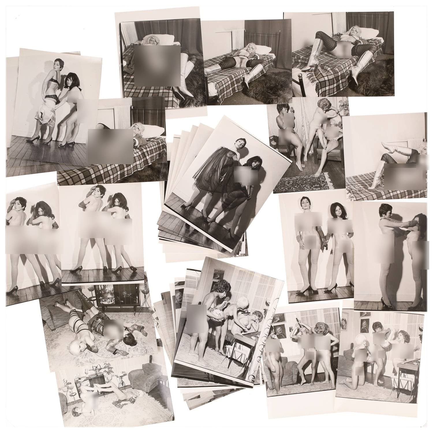 Erotica, étude de nu, photographies érotiques et divers. Circa 1950-70’s. Ensemble d’une trentaine de tirages argentiques. Exemples de sujets : femmes nues, dénudées, sexe féminin, fessier, poitrine, ‘Scandinaves’, etc. Sur certains versos, annotations. Divers états (dont gondolements, plis et traces) et formats entiers moyens environ 24 x 18 cm.