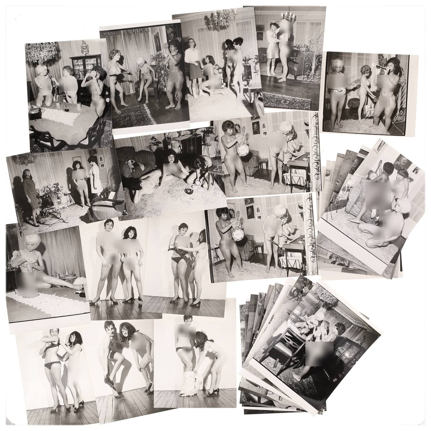 Erotica, étude de nu, photographies érotiques et divers. Circa 1950-70’s. Ensemble d’une trentaine de tirages argentiques. Exemples de sujets : femmes nues, dénudées, sexe féminin, fessier, poitrine, ‘Scandinaves’, etc. Sur certains versos, annotations. Divers états (dont gondolements, plis et traces) et formats entiers moyens environ 24 x 18 cm.