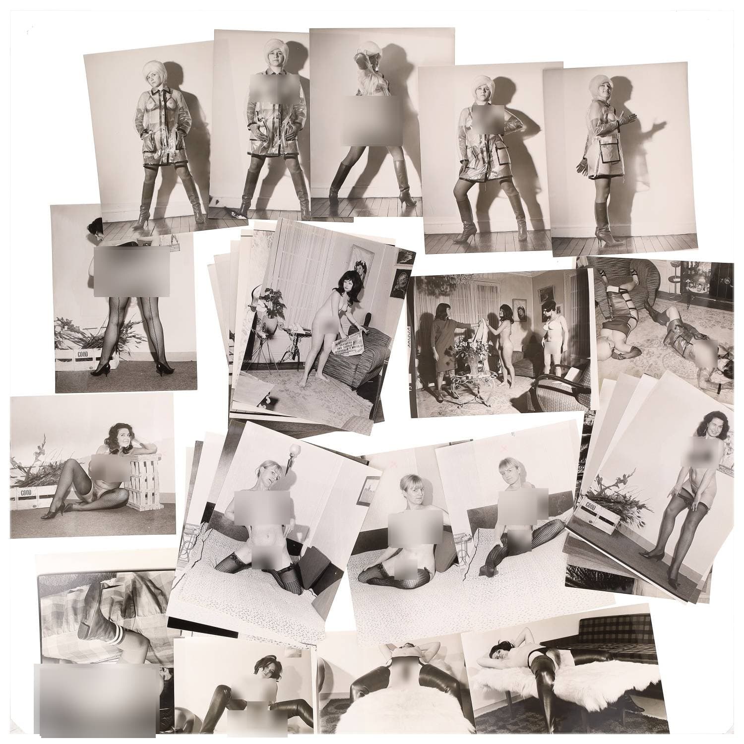 Erotica, étude de nu, photographies érotiques et divers. Circa 1950-70’s. Ensemble d’une trentaine de tirages argentiques. Exemples de sujets : femmes nues, dénudées, sexe féminin, fessier, poitrine, ‘Scandinaves’, etc. Sur certains versos, annotations. Divers états (dont gondolements, plis et traces) et formats entiers moyens environ 24 x 18 cm.