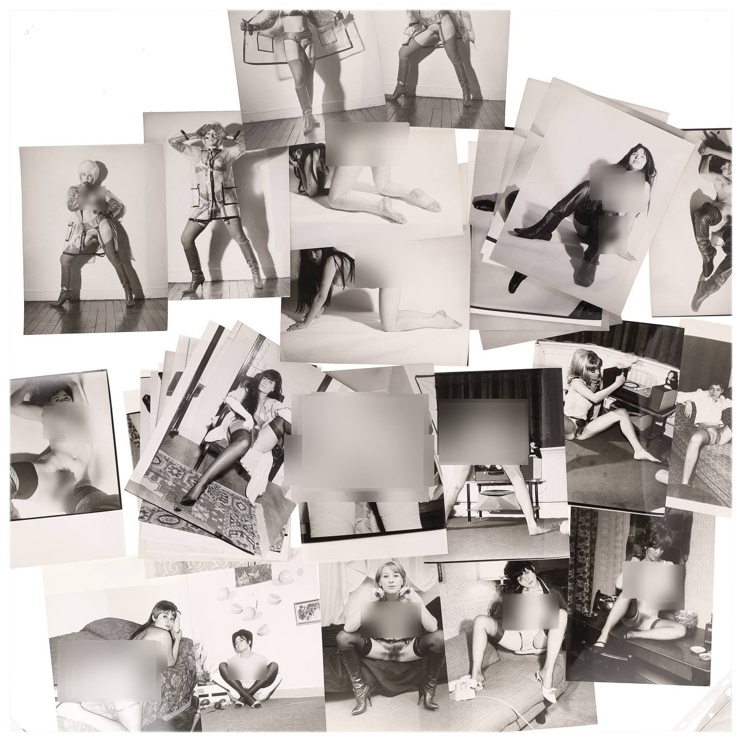 Erotica, étude de nu, photographies érotiques et divers. Circa 1950-70’s. Ensemble d’une trentaine de tirages argentiques. Exemples de sujets : femmes nues, dénudées, sexe féminin, fessier, poitrine, ‘Scandinaves’, etc. Sur certains versos, annotations. Divers états (dont gondolements, plis et traces) et formats entiers moyens environ 24 x 18 cm.