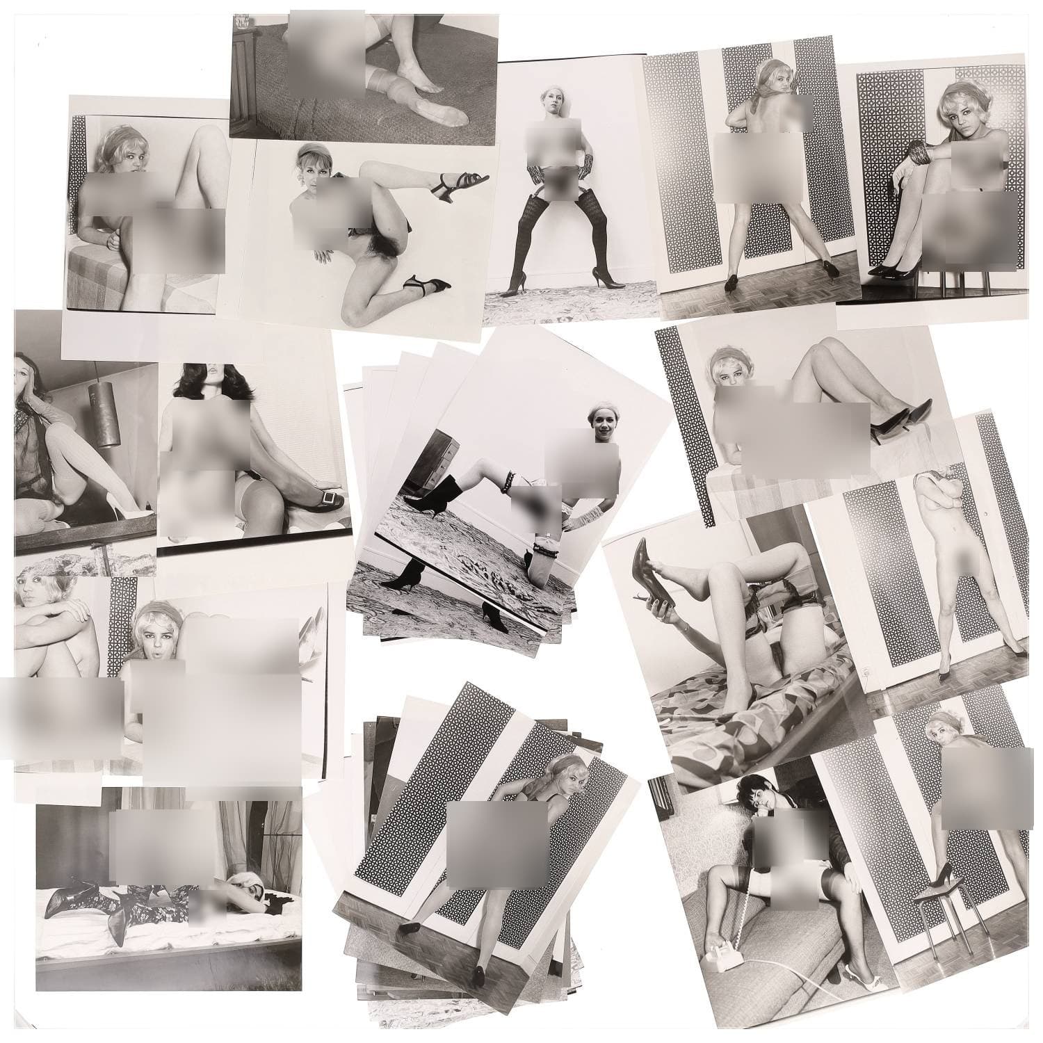 Erotica, étude de nu, photographies érotiques et divers. Circa 1950-70’s. Ensemble d’une trentaine de tirages argentiques. Exemples de sujets : femmes nues, dénudées, sexe féminin, fessier, poitrine, ‘Scandinaves’, etc. Sur certains versos, annotations. Divers états (dont gondolements, plis et traces) et formats entiers moyens environ 24 x 18 cm.