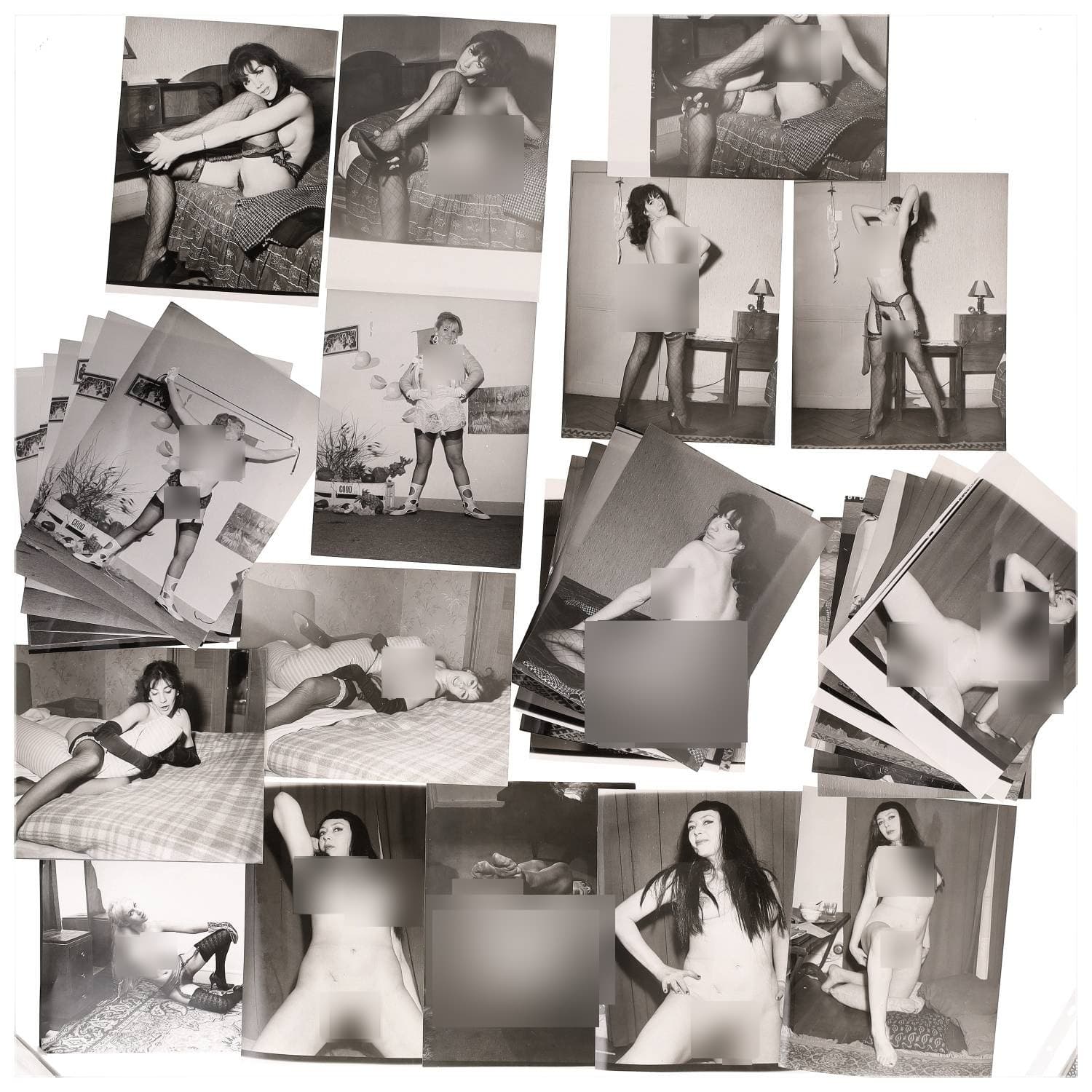 Erotica, étude de nu, photographies érotiques et divers. Circa 1950-70’s. Ensemble d’une trentaine de tirages argentiques. Exemples de sujets : femmes nues, dénudées, sexe féminin, fessier, poitrine, ‘Scandinaves’, etc. Sur certains versos, annotations. Divers états (dont gondolements, plis et traces) et formats entiers moyens environ 24 x 18 cm.