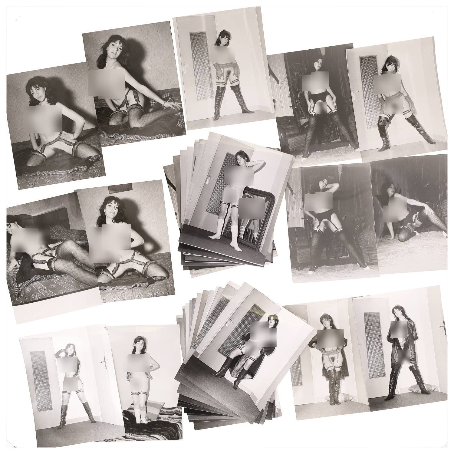 Erotica, étude de nu, photographies érotiques et divers. Circa 1950-70’s. Ensemble d’une trentaine de tirages argentiques. Exemples de sujets : femmes nues, dénudées, sexe féminin, fessier, poitrine, ‘Scandinaves’, etc. Sur certains versos, annotations. Divers états (dont gondolements, plis et traces) et formats entiers moyens environ 24 x 18 cm.